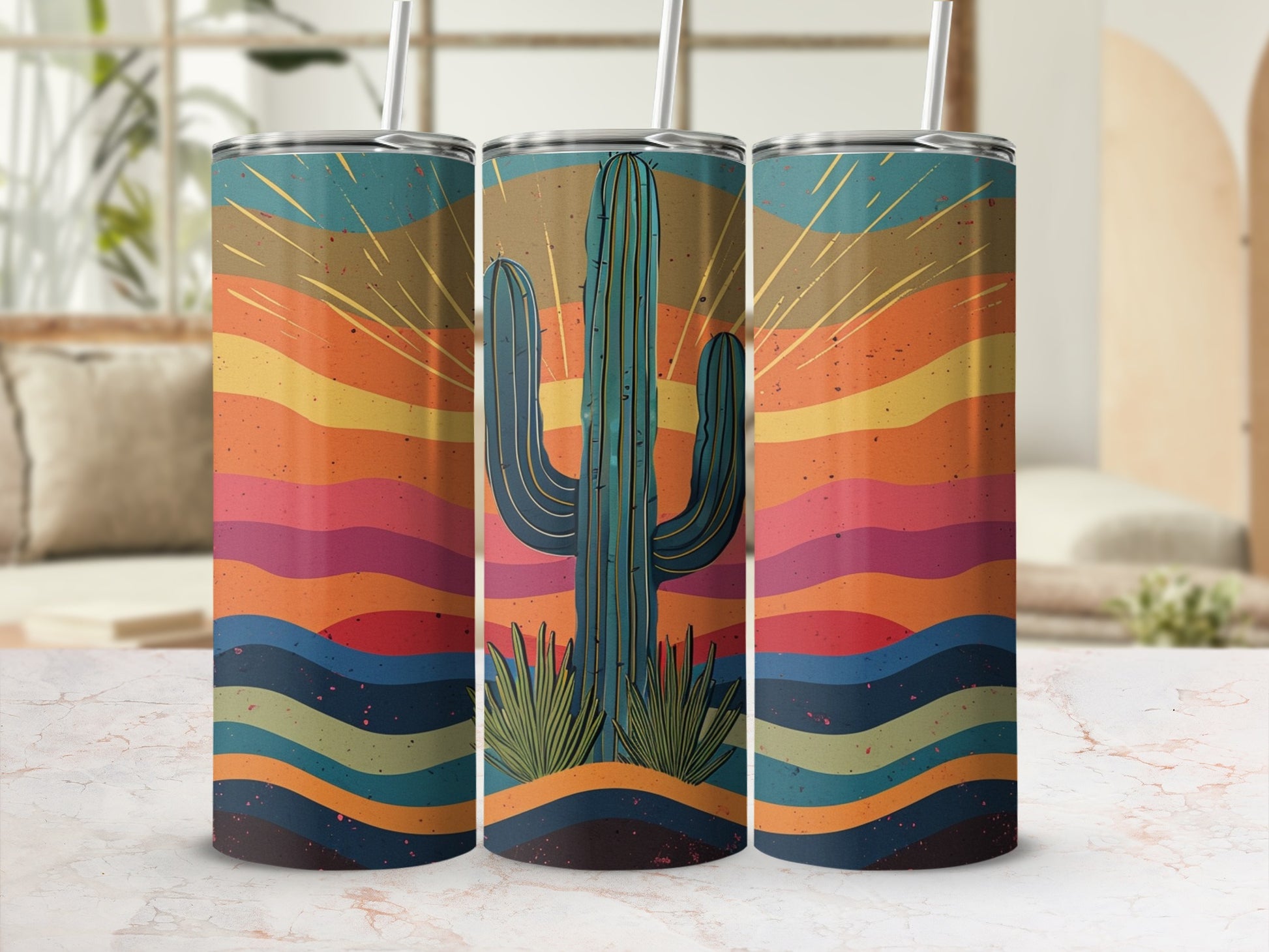Triptych of tumblers featuring a desert sunset with a saguaro cactus design.