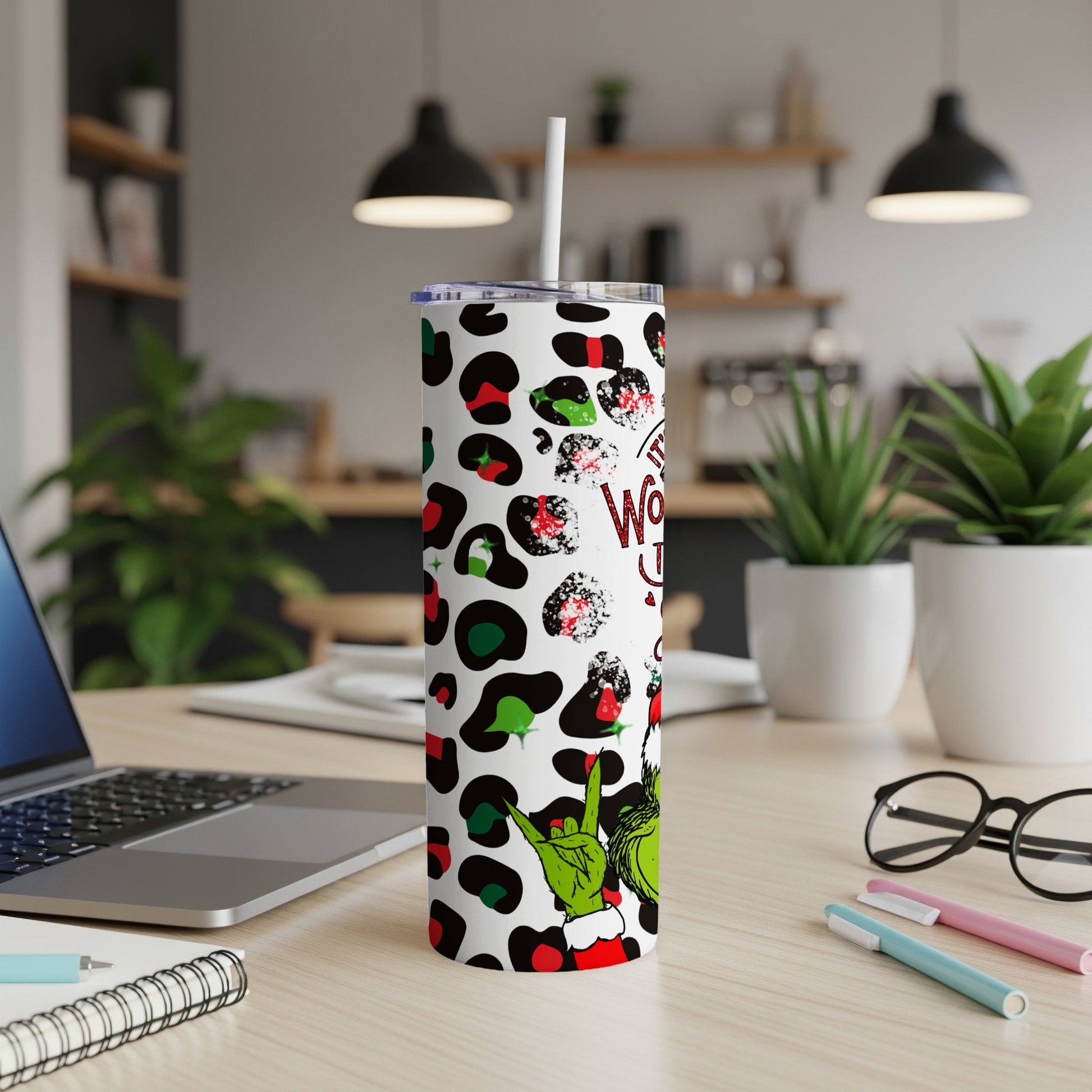 White tumbler with a Grinch-themed Christmas design and "Who Needs Christmas?" text.