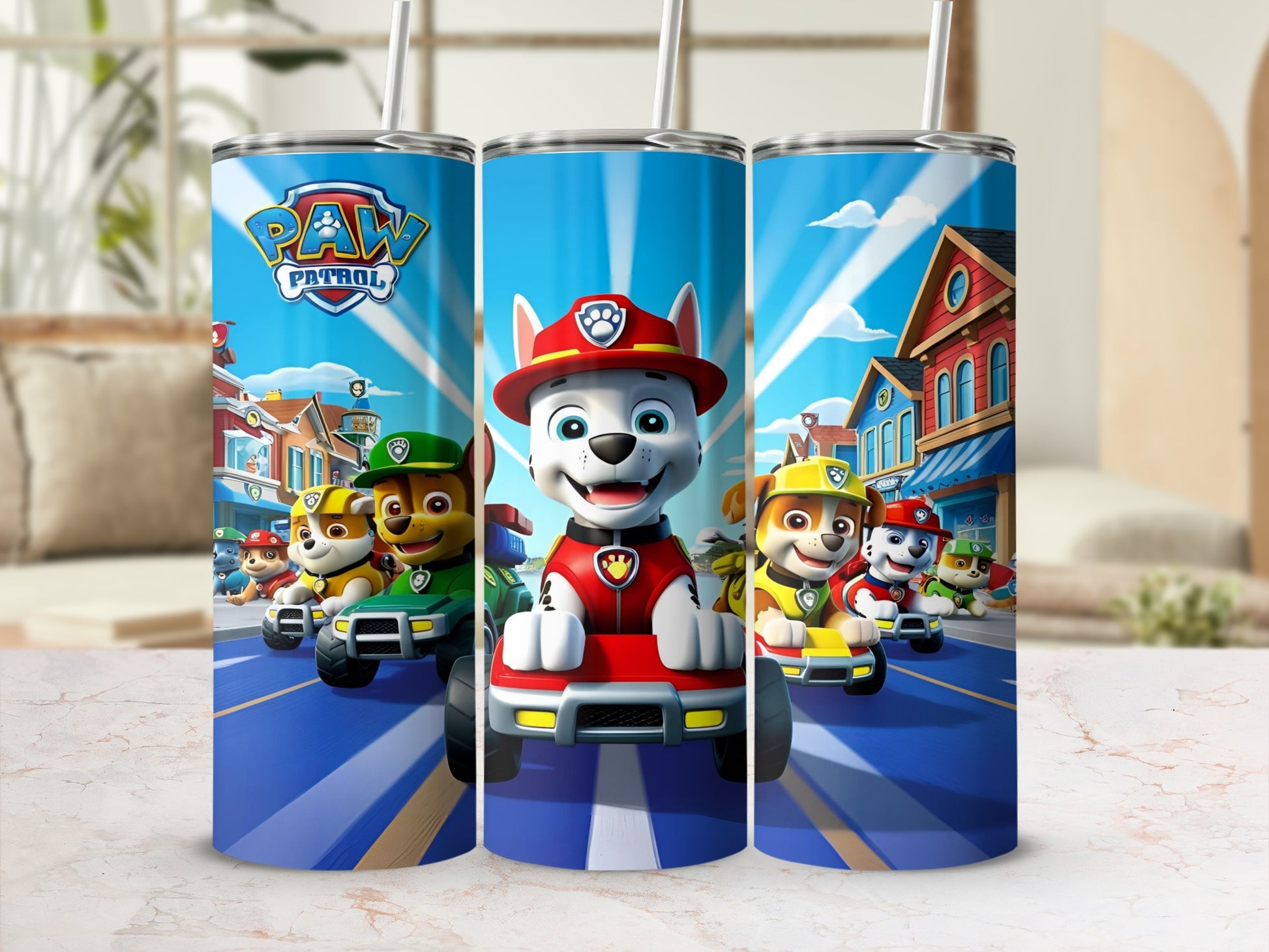 Paw Patrol characters Ryder and Chase in their vehicles on a street.