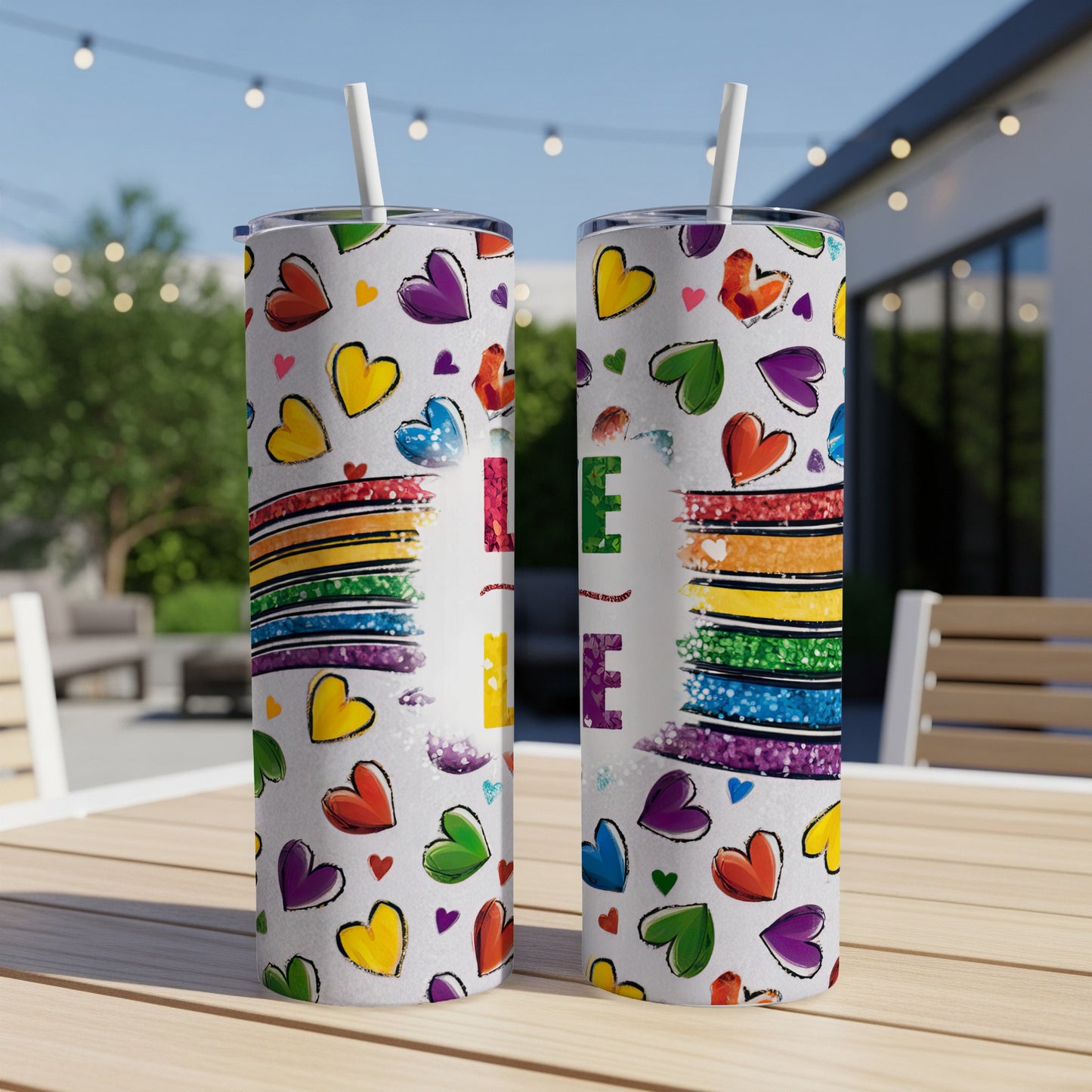 Rainbow hearts and glitter pattern on two white tumblers on an outdoor table.