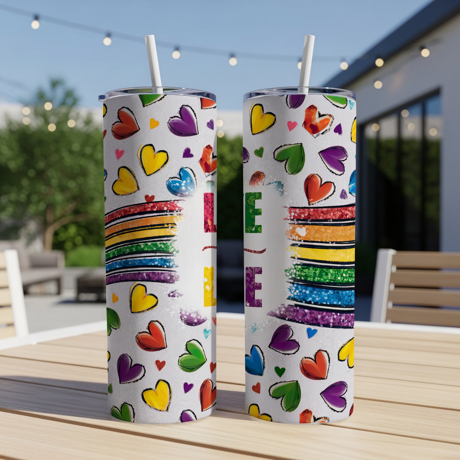 Rainbow hearts and glitter pattern on two white tumblers on an outdoor table.