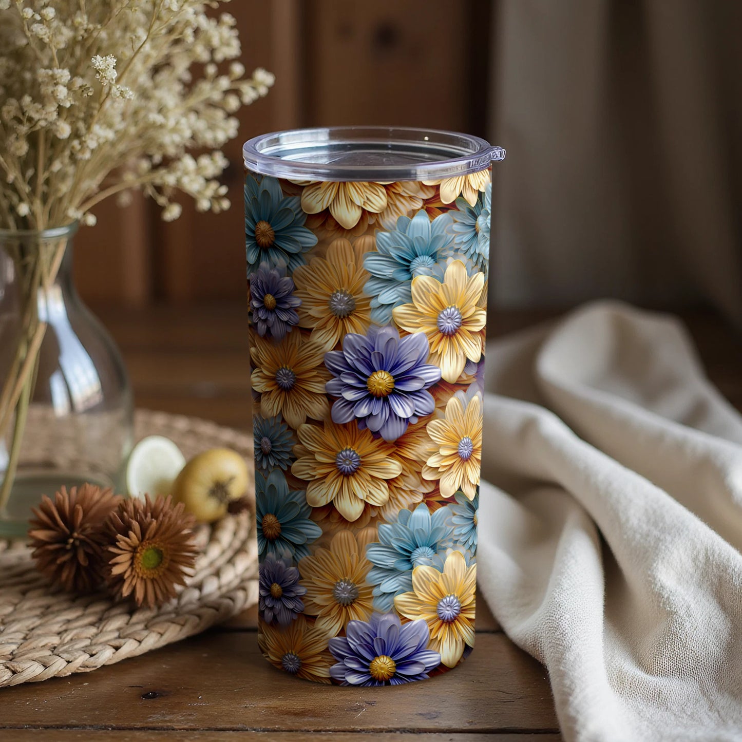Floral Pattern Insulated Tumbler with Lid for Beverages