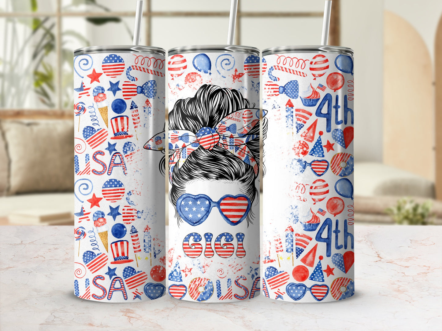 Tumbling patriotic tumbler with messy bun girl wearing bandana and sunglasses.