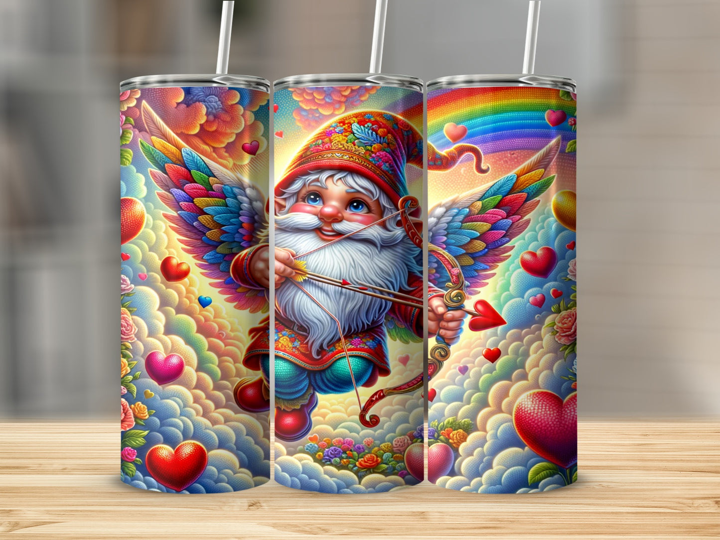 Colorful Cupid Gnome in Clouds and Hearts Tumbler