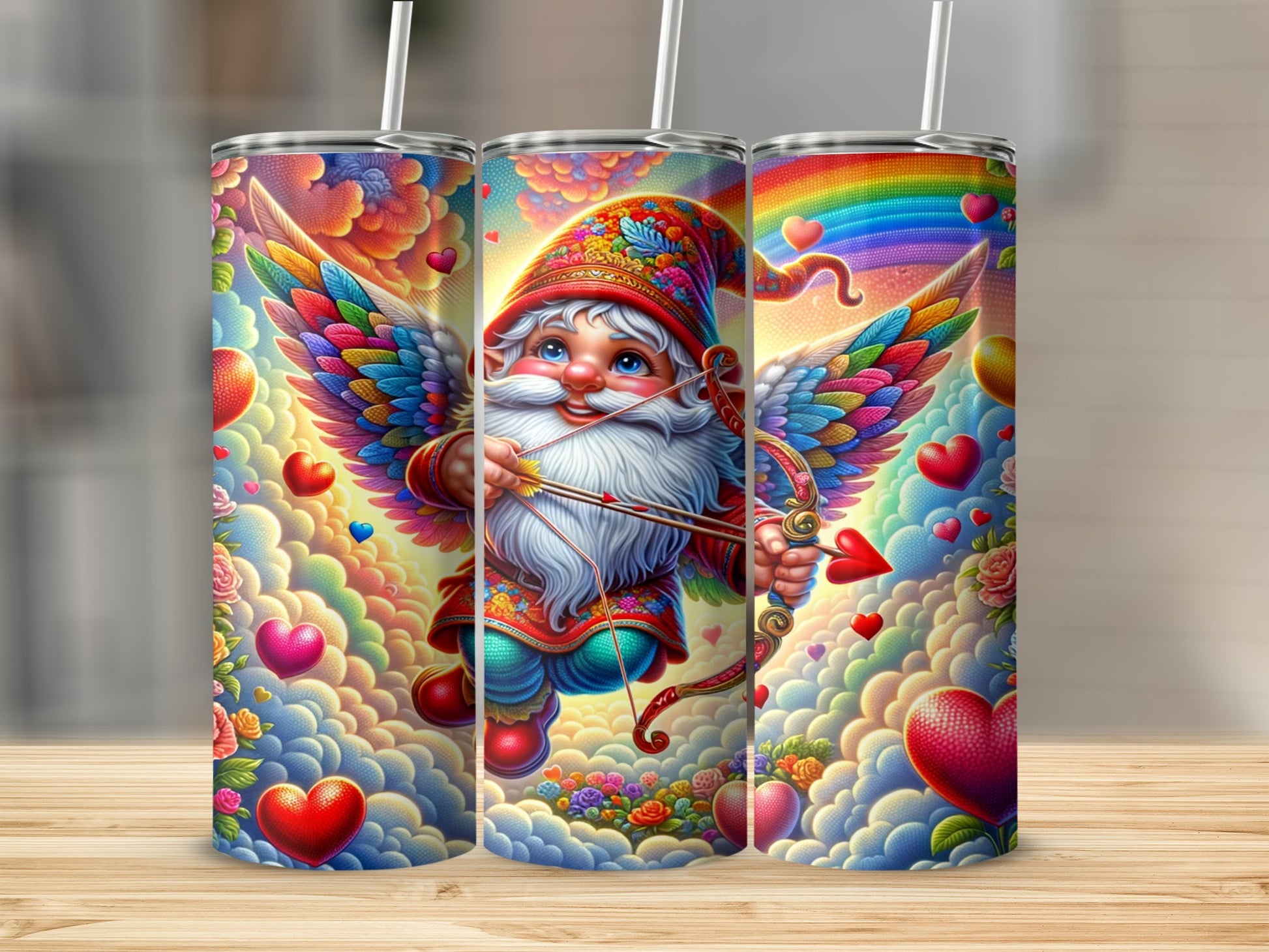 Colorful Cupid Gnome in Clouds and Hearts Tumbler