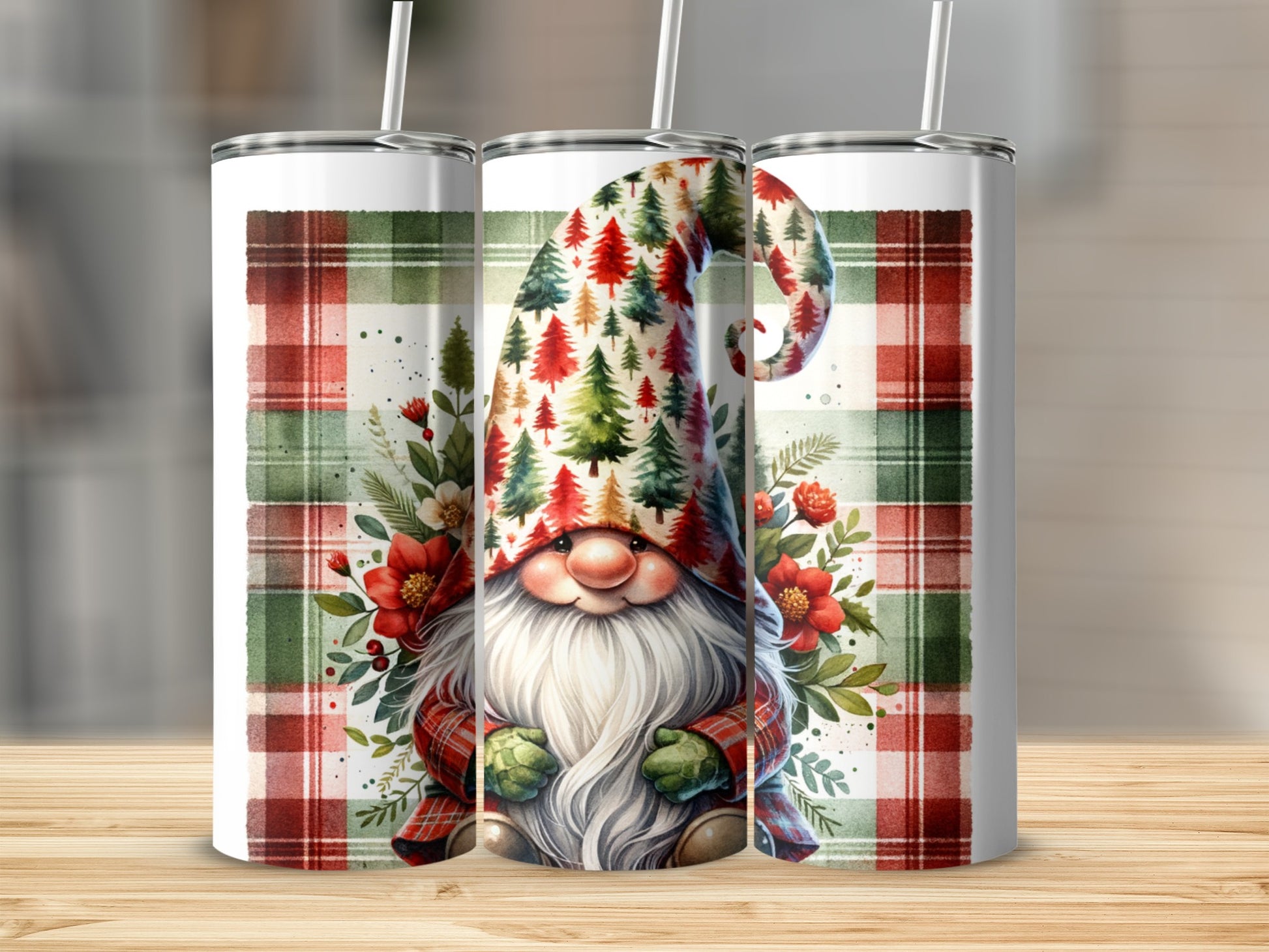Christmas gnome with red plaid and green trees pattern on a tumbler.
