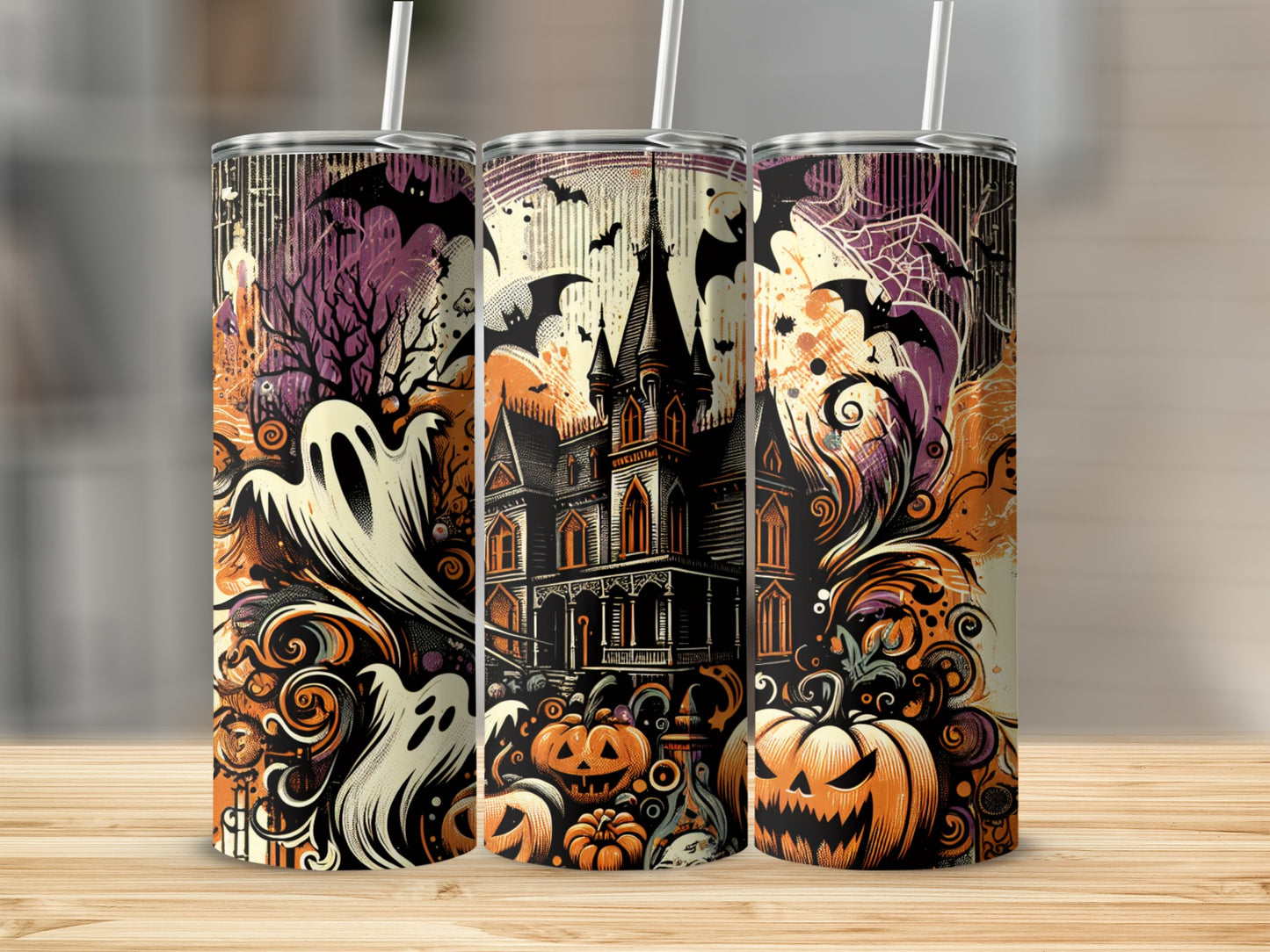 Three tumblers with a spooky Halloween design featuring ghosts, pumpkins, and a haunted house.