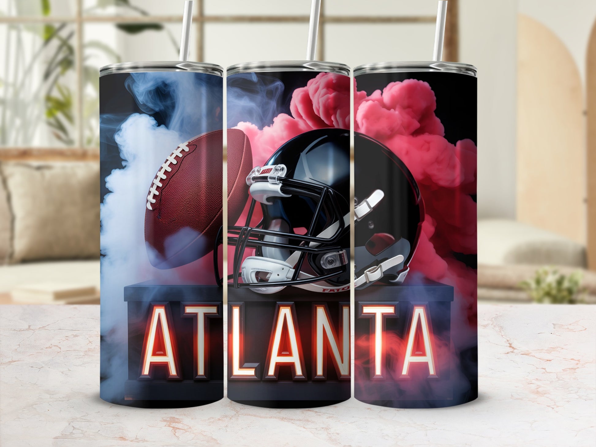 Football helmet and ball on "Atlanta" base with smoky background.