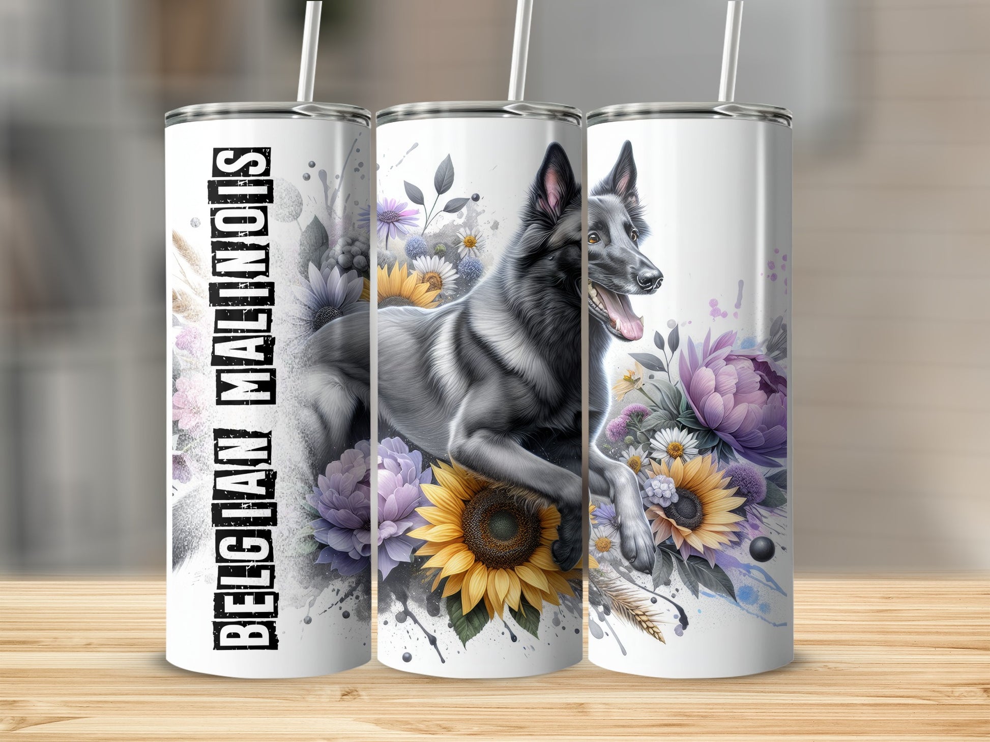 Belgian Malinois dog with sunflowers and flowers on a skinny tumbler.