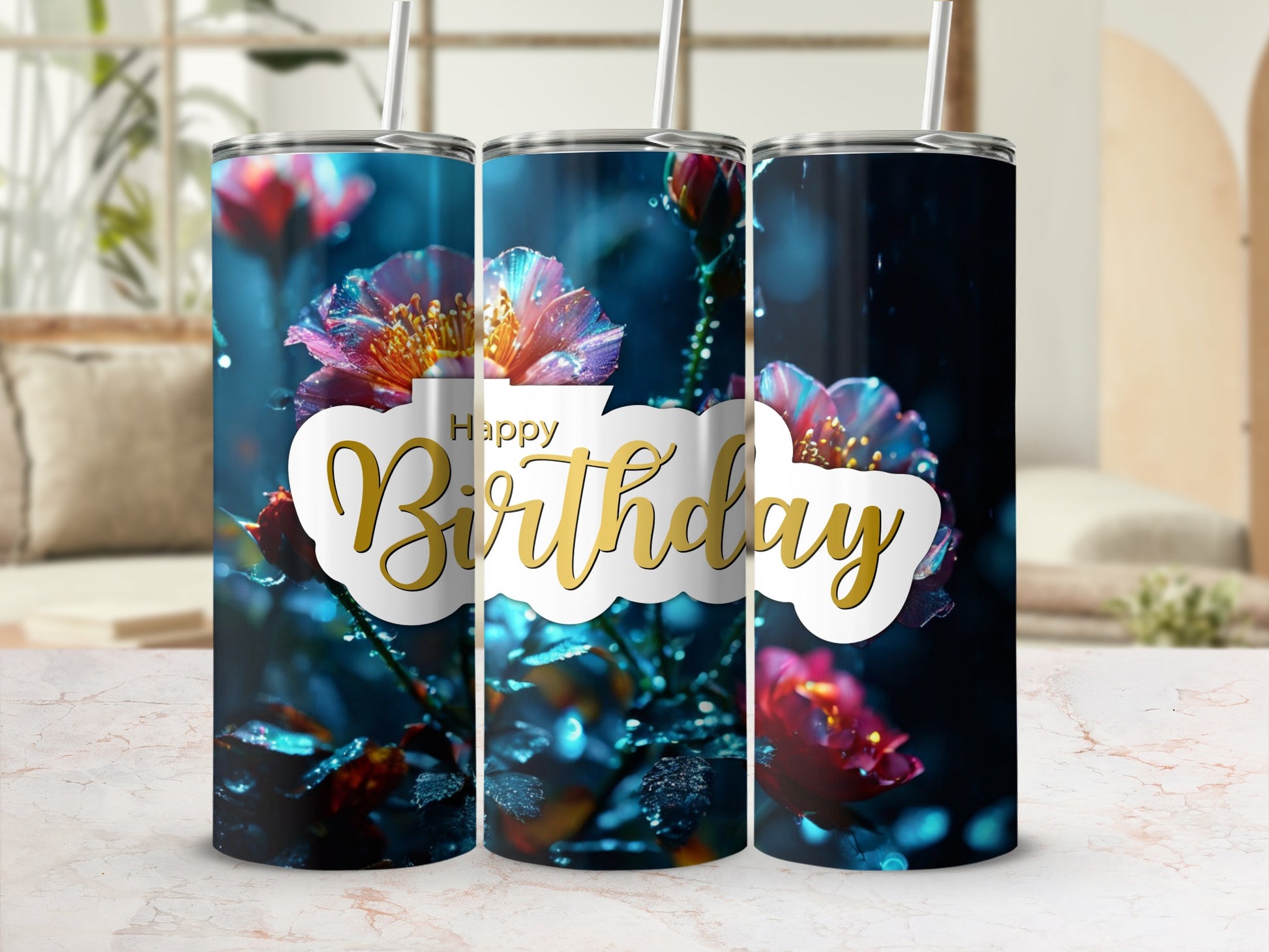 Happy Birthday tumbler with floral design.