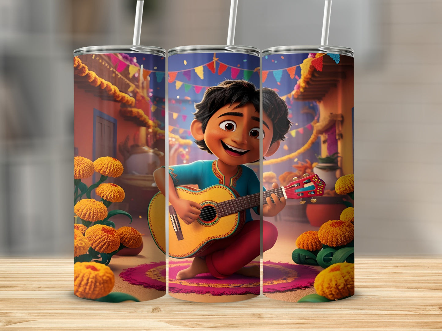 Animated boy playing guitar with colorful string lights and marigolds.