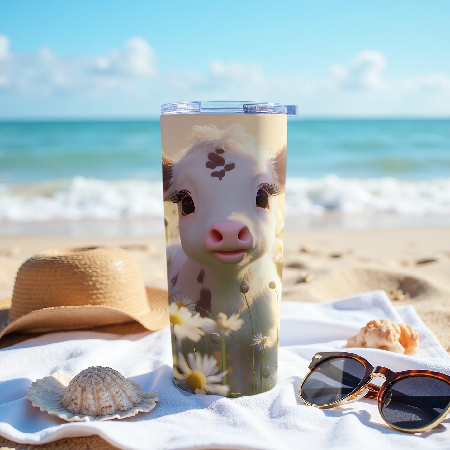 Adorable Cartoon Calf Daisy Beach Scene Tumbler product type