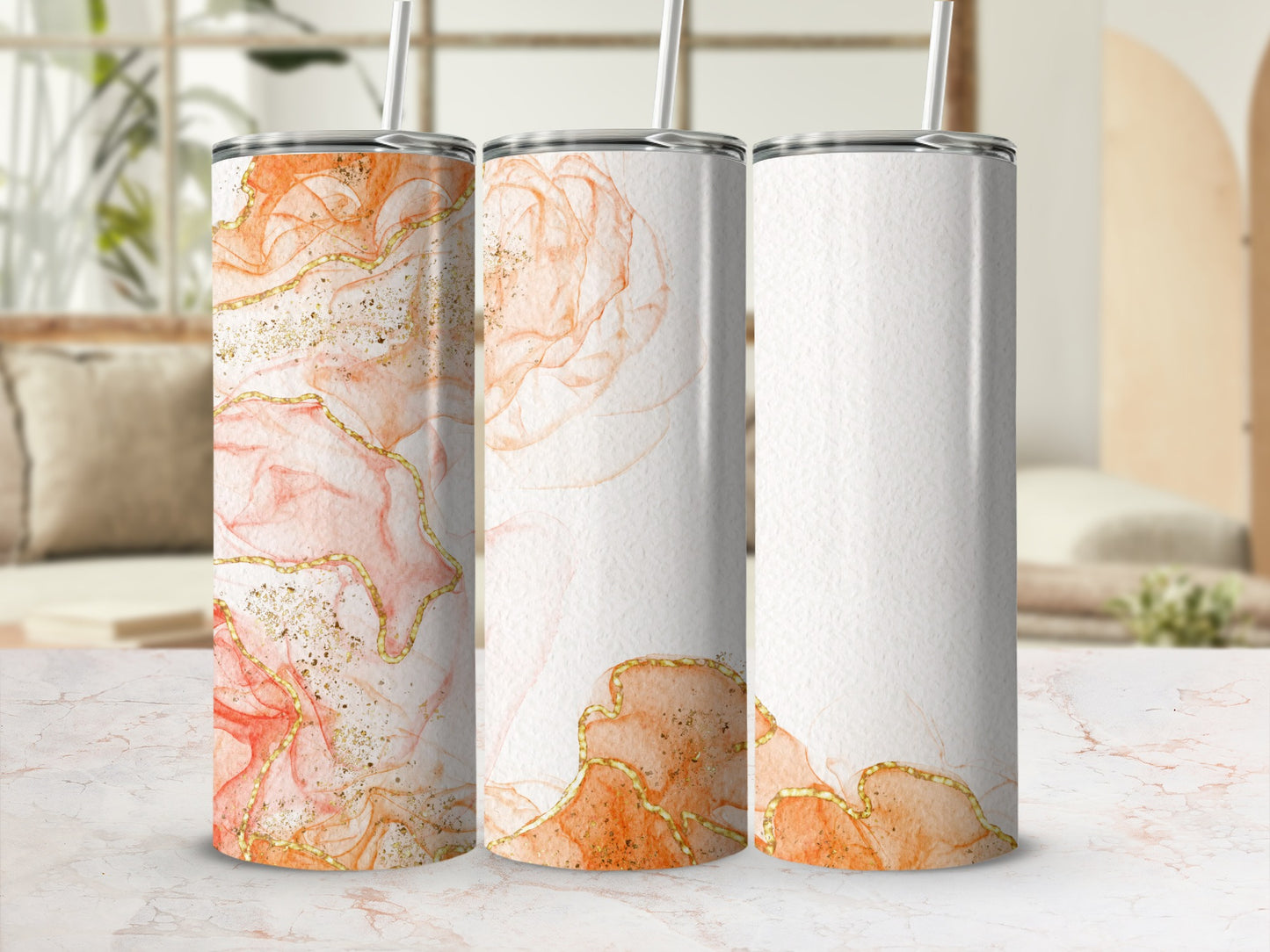 Three tumblers with an abstract marble and gold design.