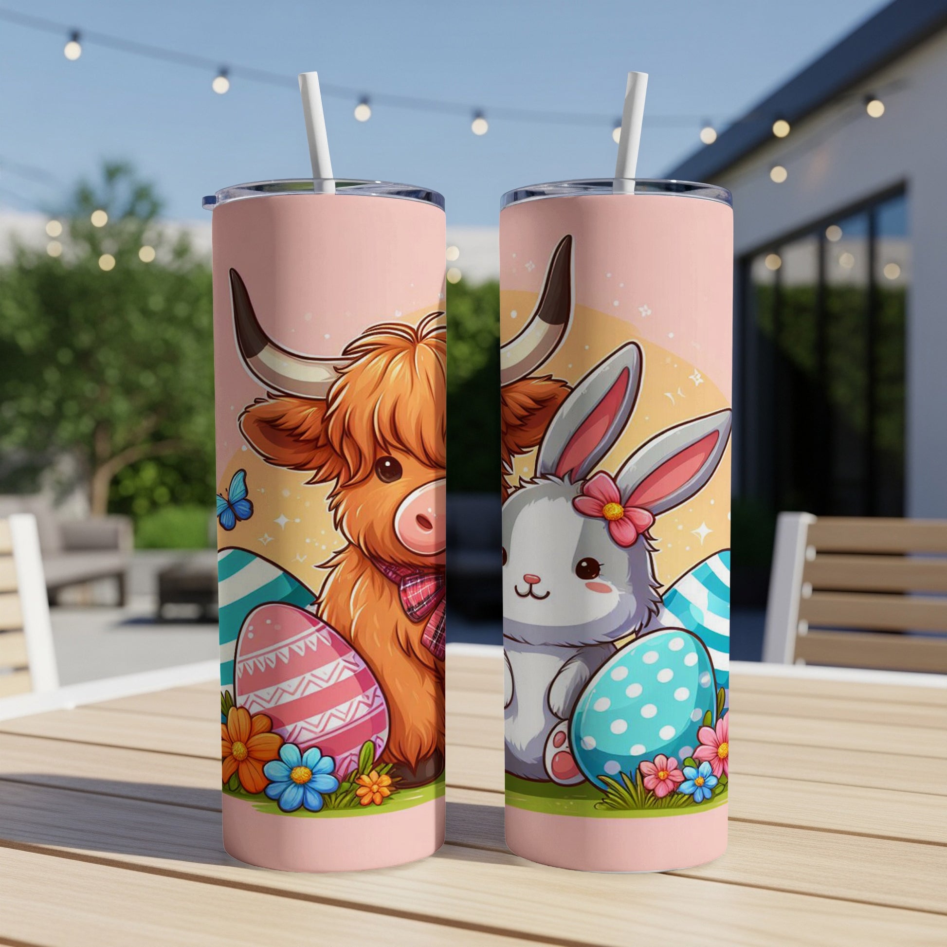Two Easter-themed tumblers featuring a Highland cow and a bunny with decorated eggs.
