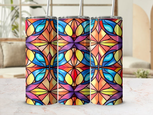 Stained glass tumbler with colorful geometric pattern.