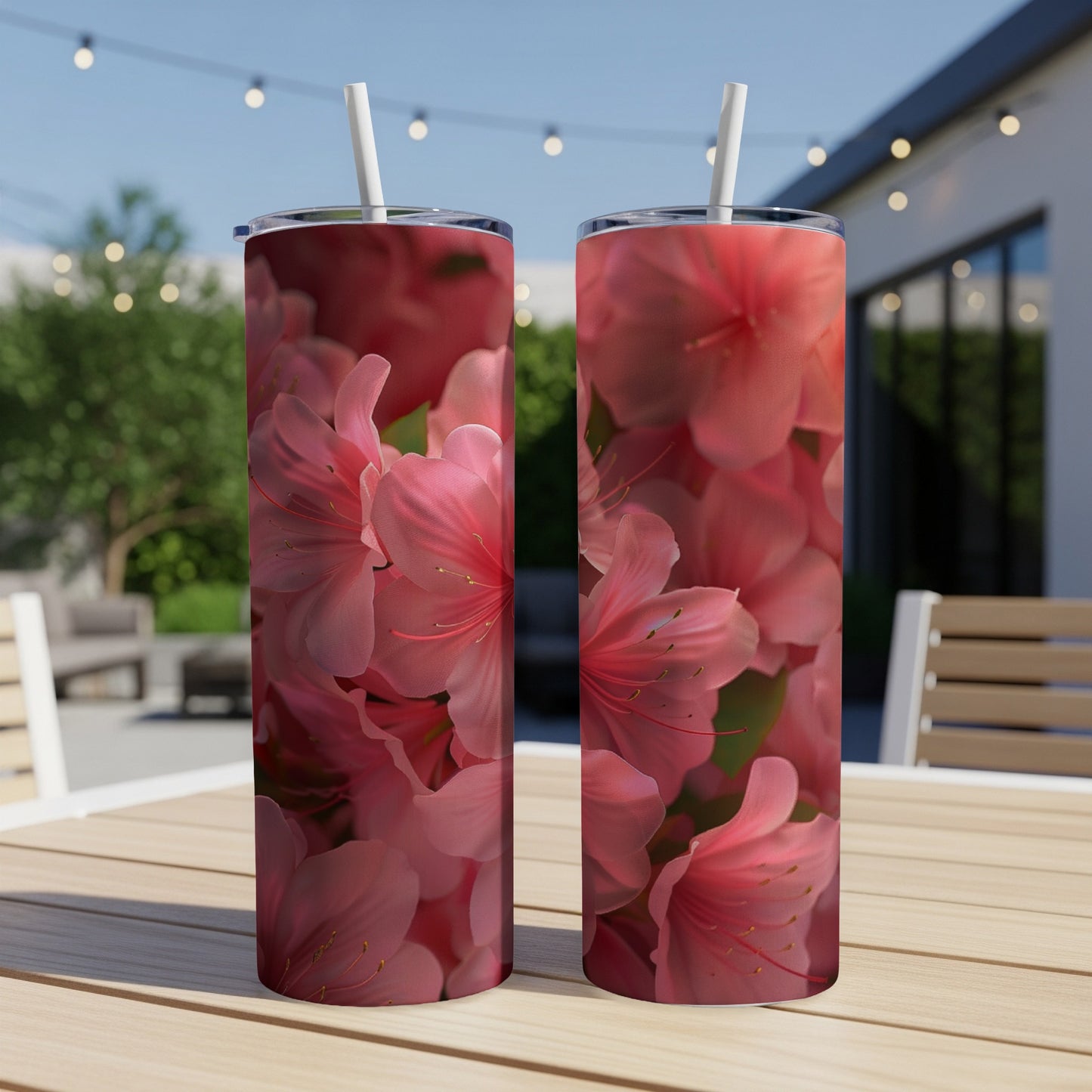 Two pink floral tumblers with straws on a wooden table.