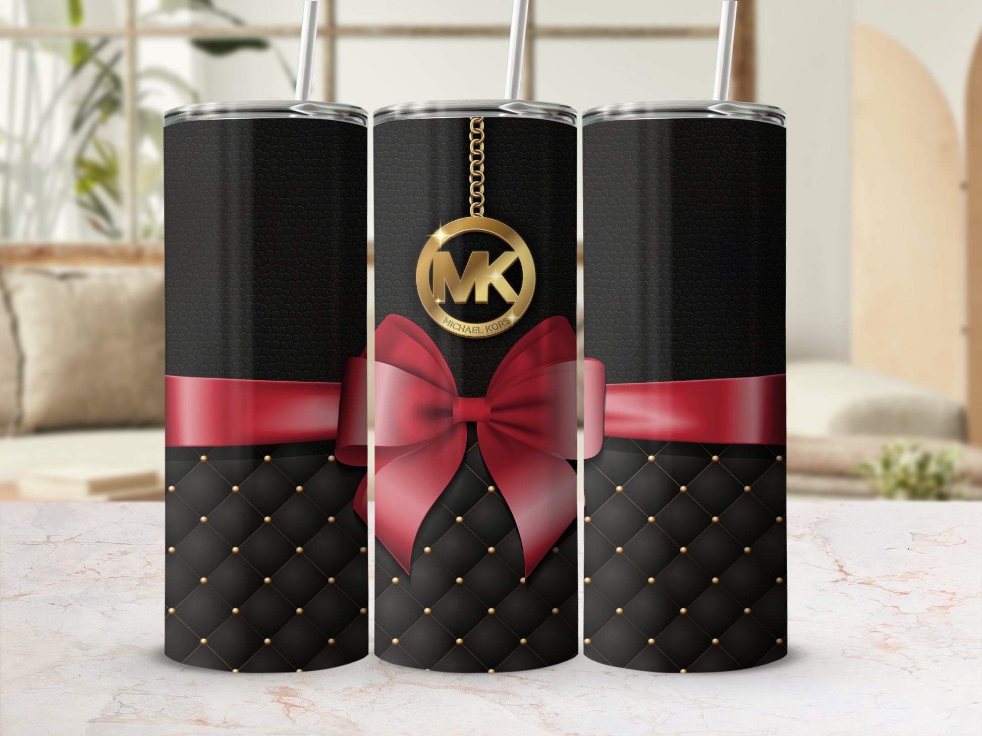 Elegant Black Quilted Tumbler with Red Ribbon Design