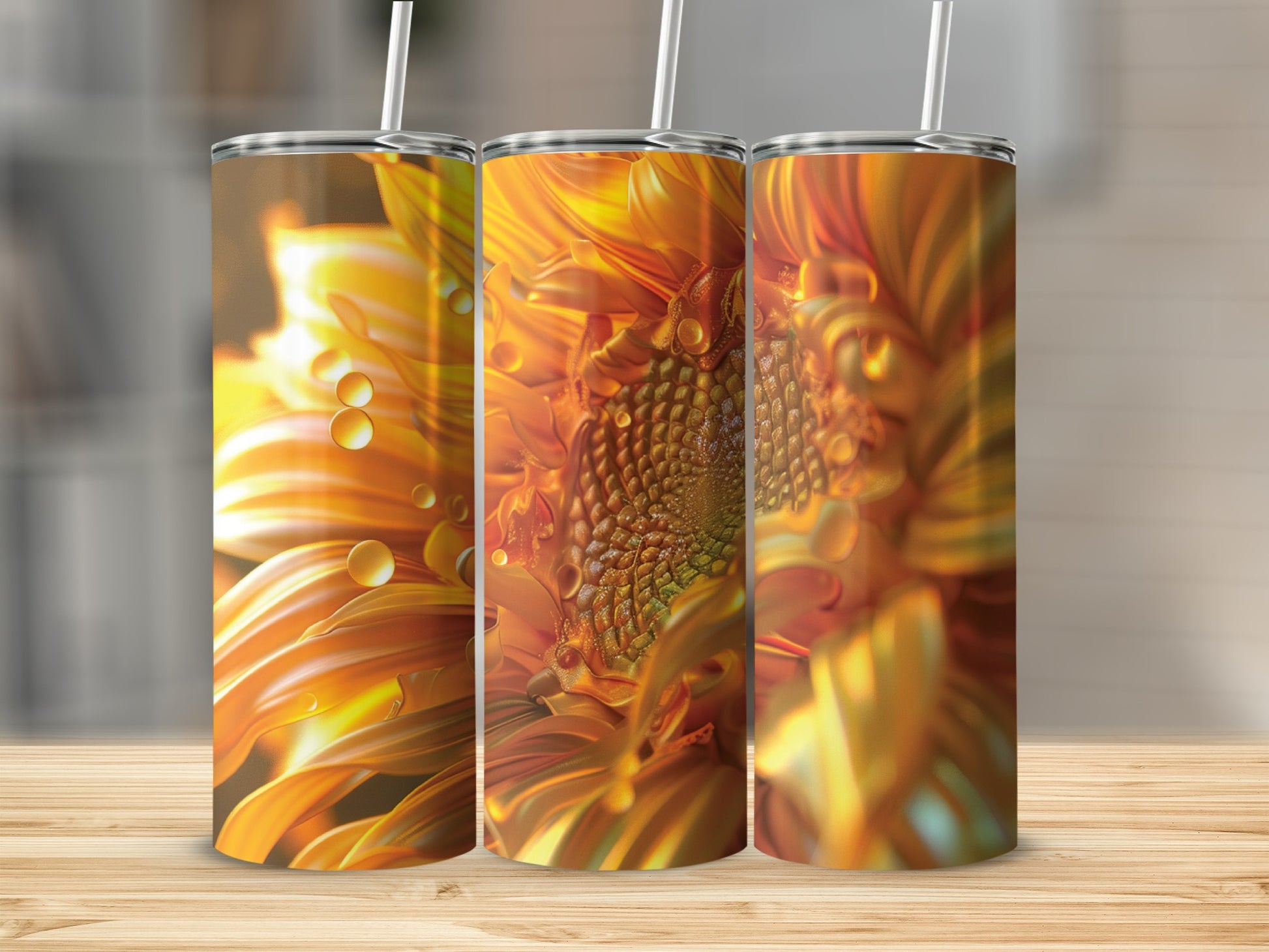 Close up of a bright orange sunflower with water droplets, shown on three tumblers.