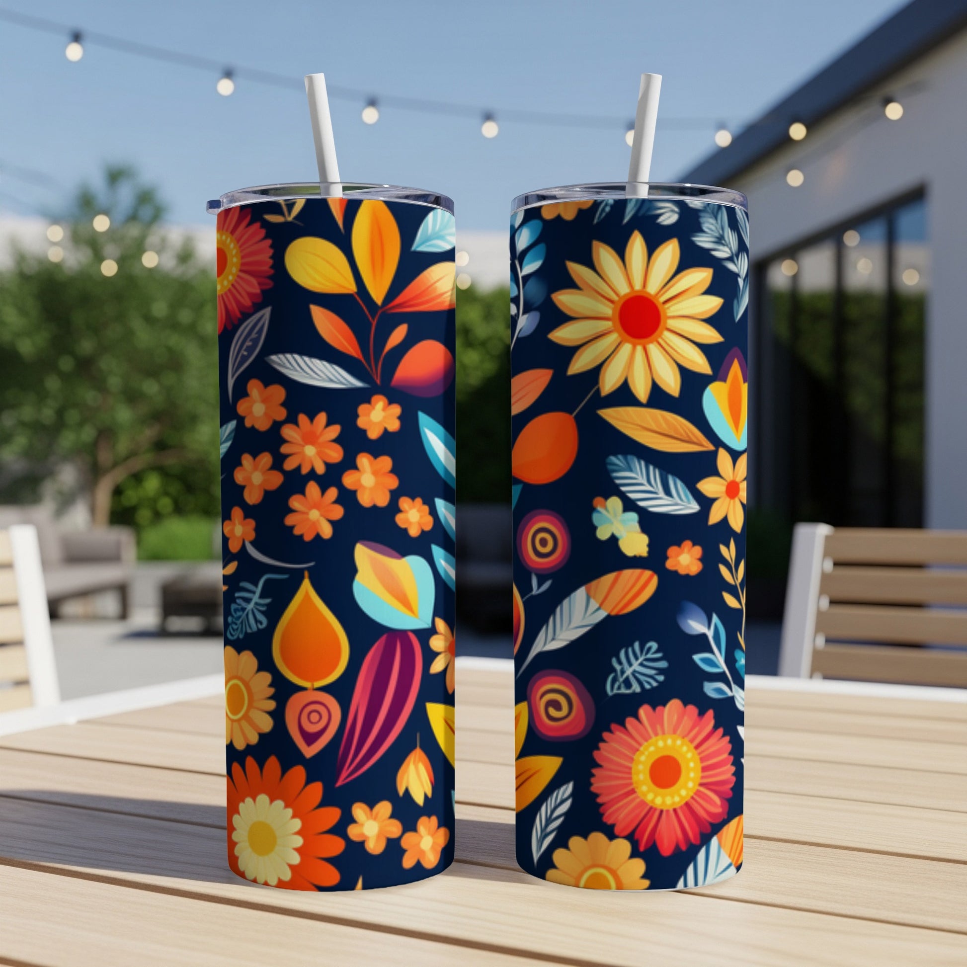 Two tumblers with a floral and leaf pattern on a table outdoors.