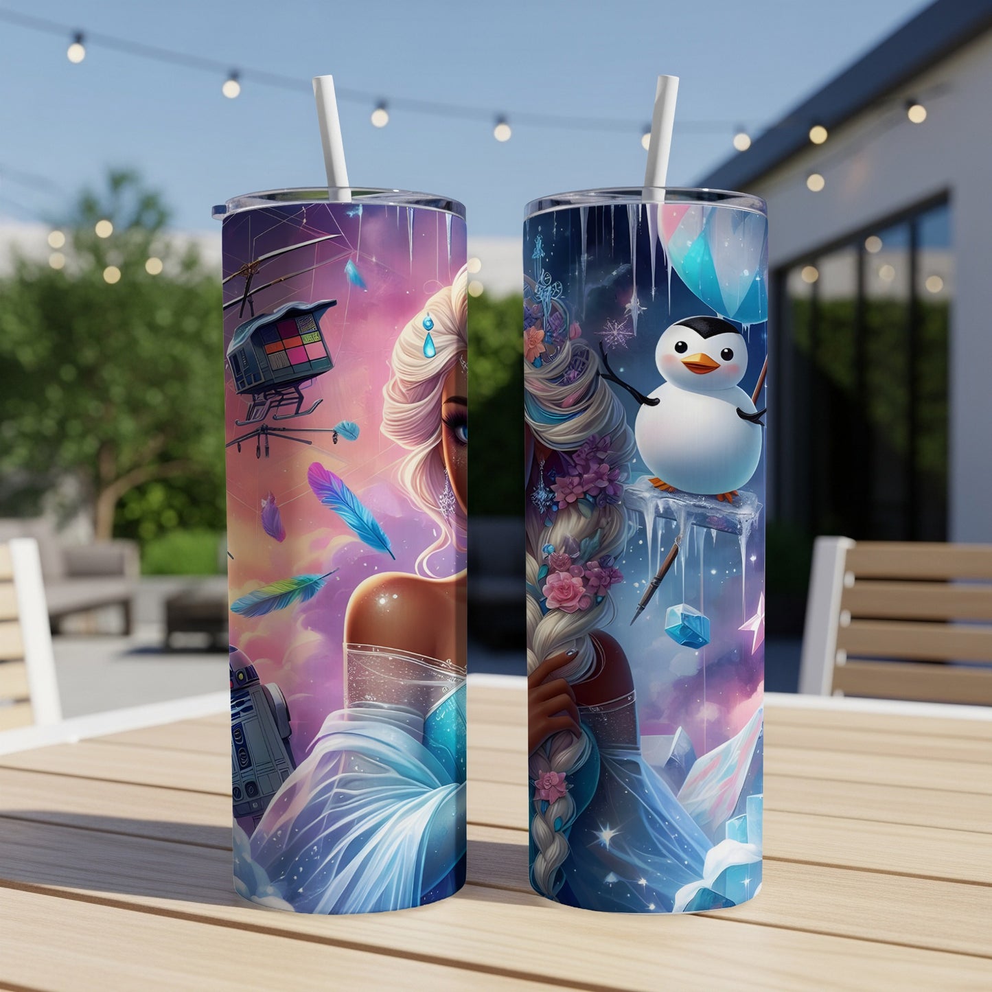 Two tumblers with fantasy art featuring a woman in blue, a penguin, and ice.