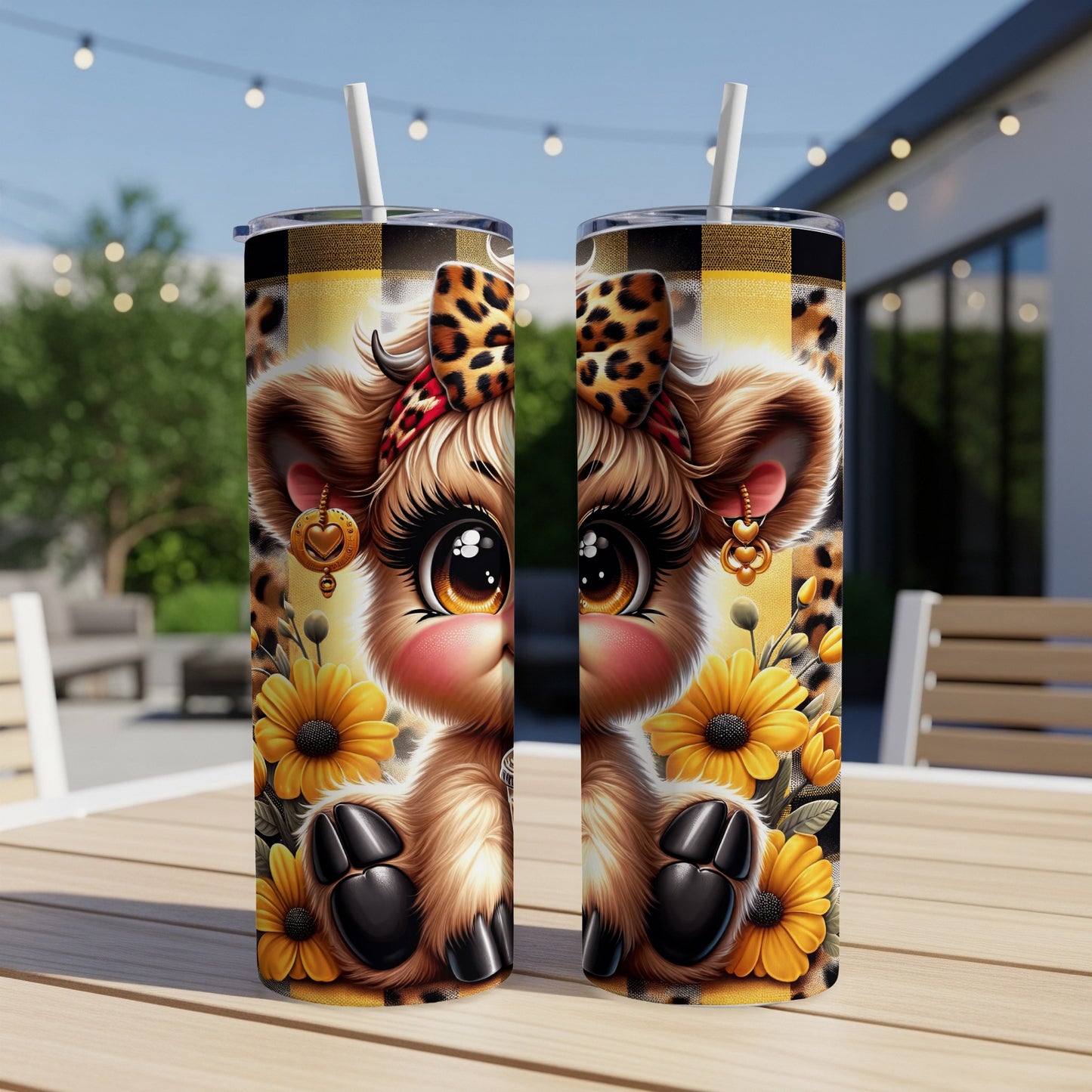 Two tumblers with a cute cow design and sunflowers, set on a wooden table.