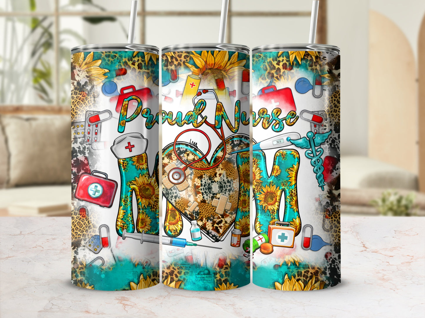 Proud Nurse tumbler with sunflowers, stethoscope, medical icons, and leopard print.