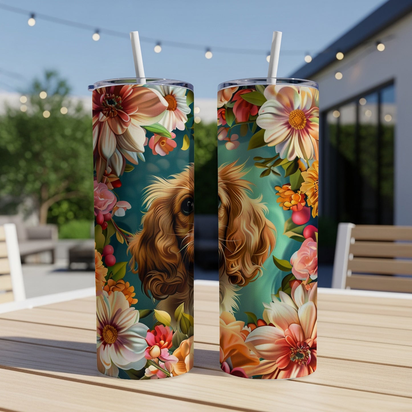 Two tumblers with a Cavalier King Charles Spaniel and floral design.