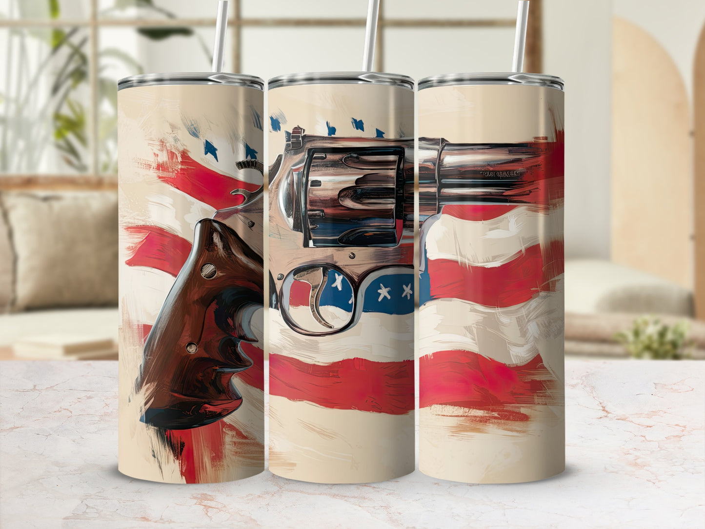 Three tumblers with a close-up of a revolver superimposed on a distressed American flag.