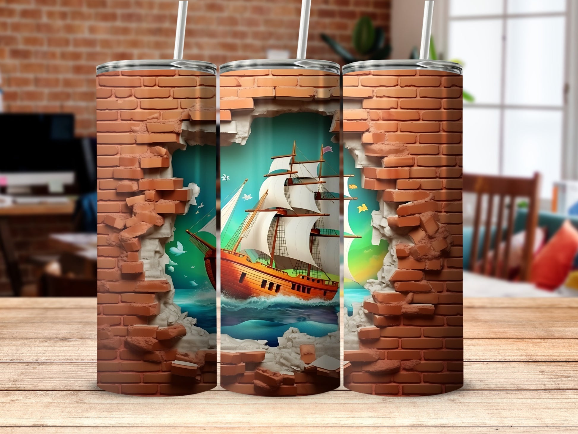 Ship and Ocean Mural within Brick Wall Tumbler