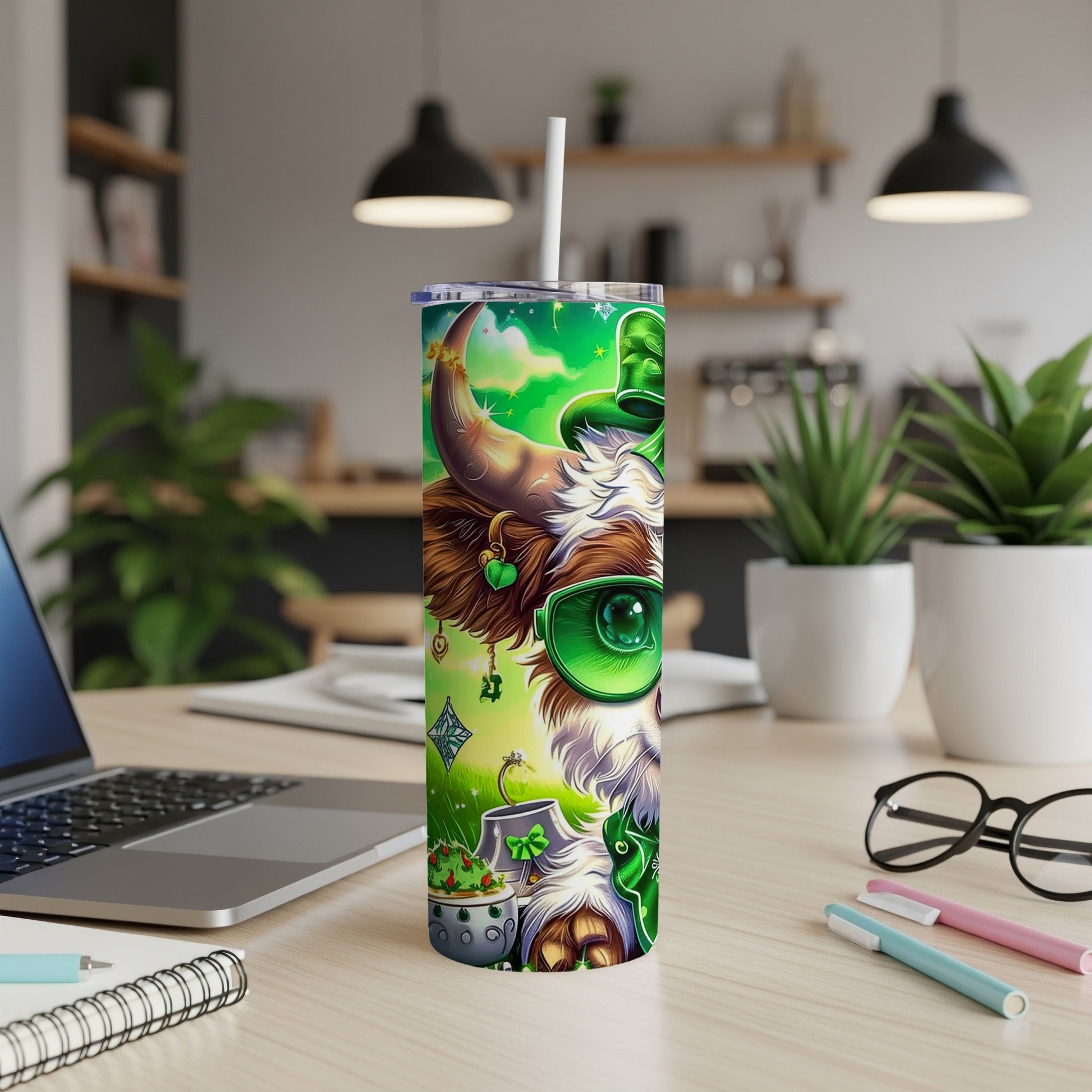 St. Patrick's Day themed tumbler with a cow wearing green glasses and hat.