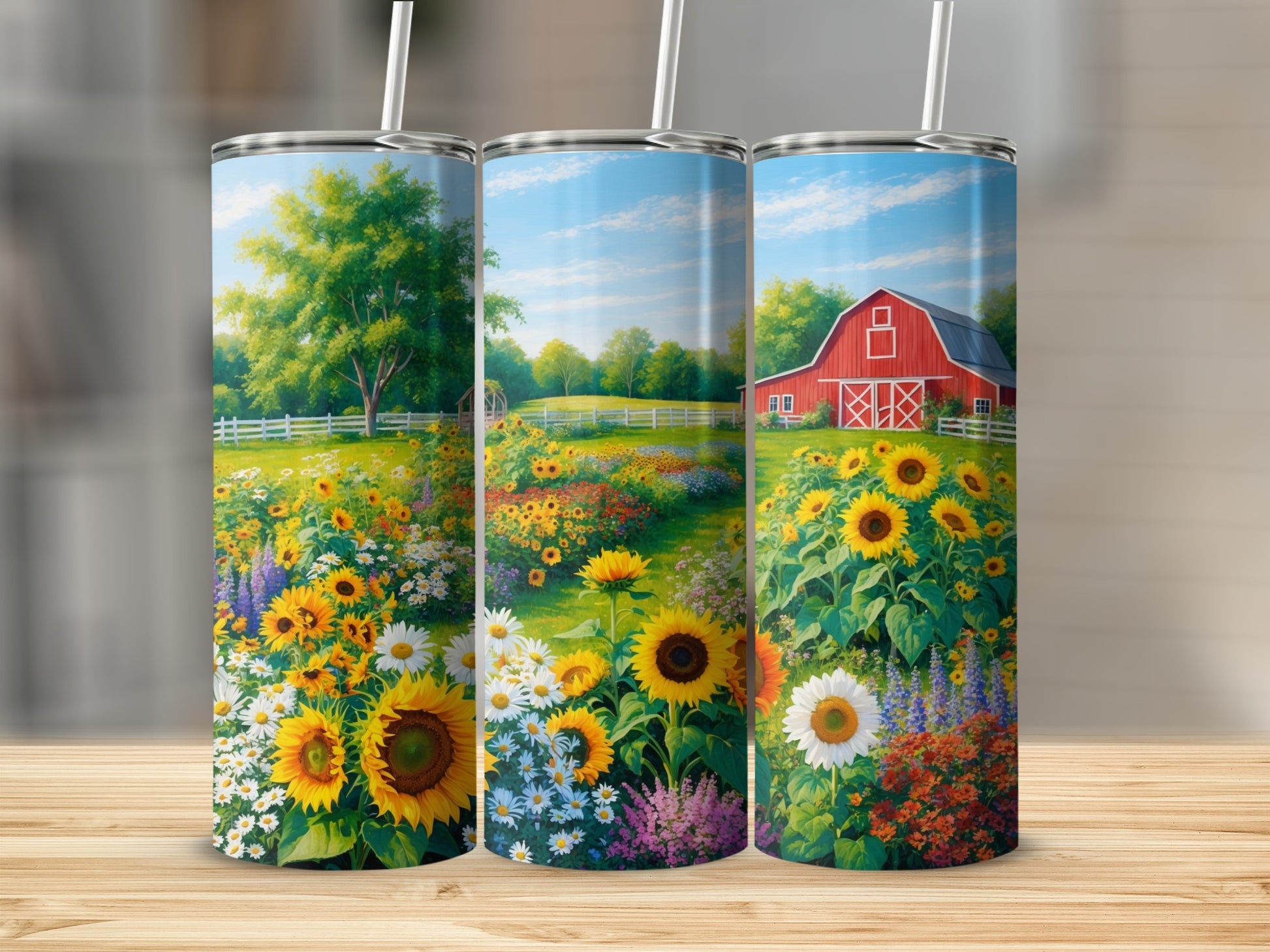 Three tumblers with a scenic farm and sunflower field design.