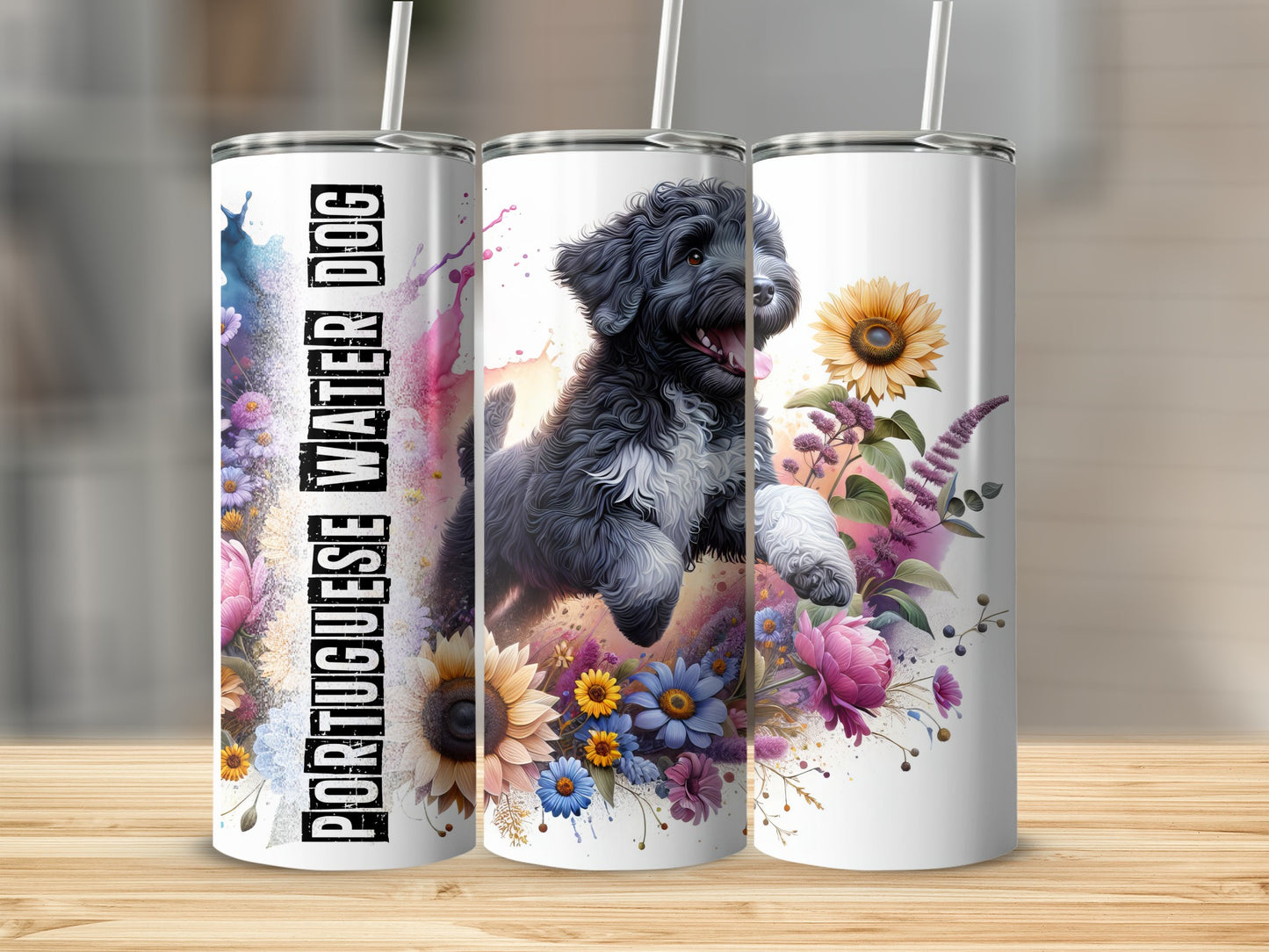 Portuguese Water Dog with flowers, vibrant watercolor splashes.