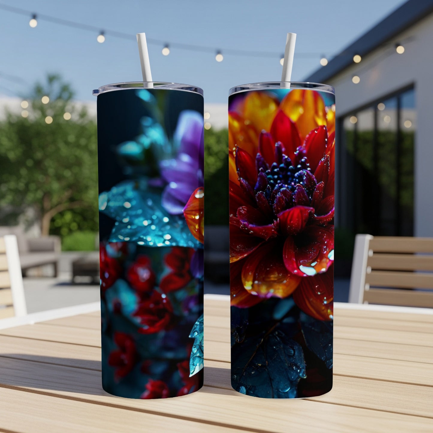 Two tumblers with vibrant floral designs featuring water droplets.