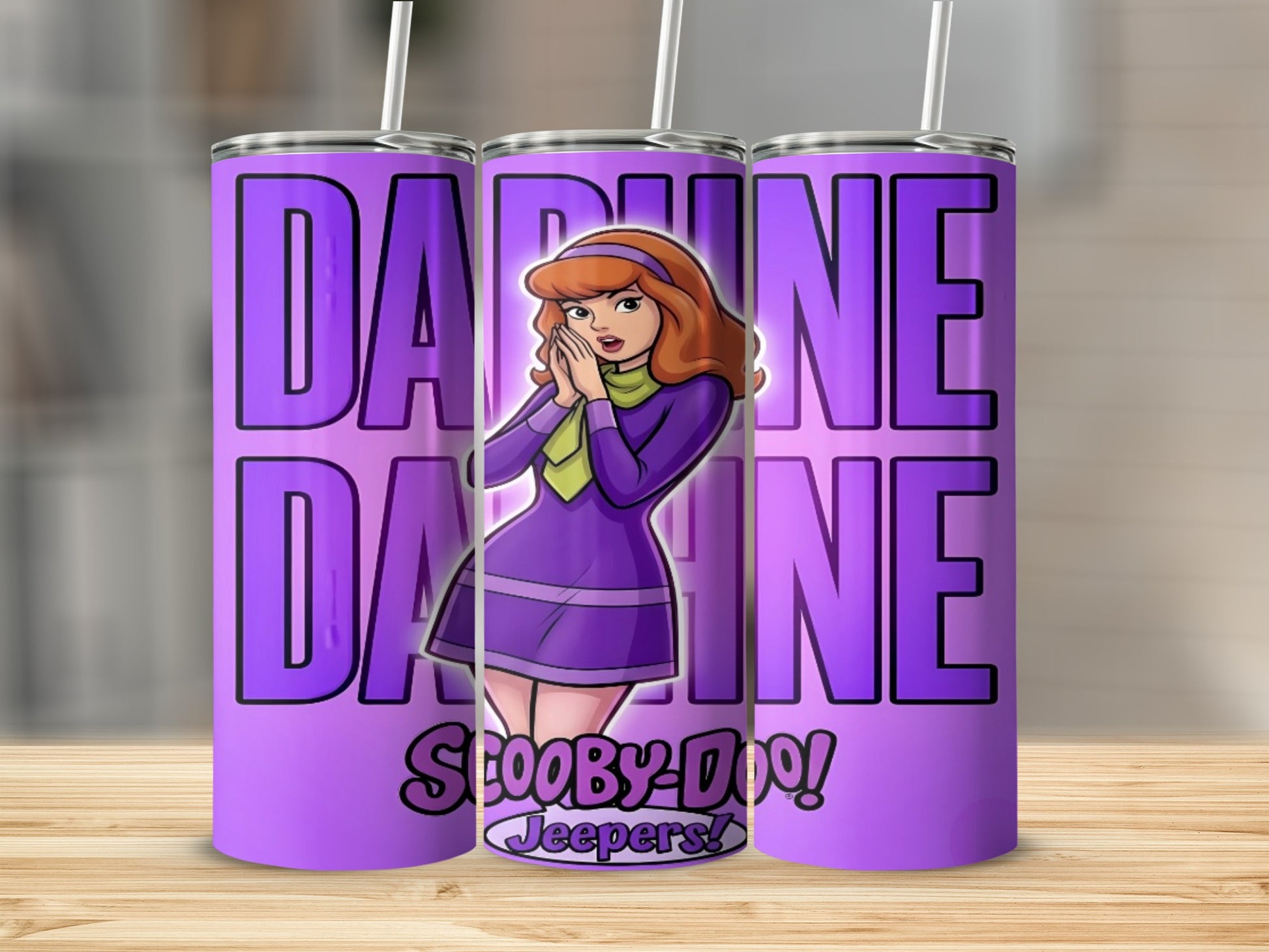 Daphne from Scooby-Doo on a purple tumbler with "Scooby-Doo! Jeepers!" text.
