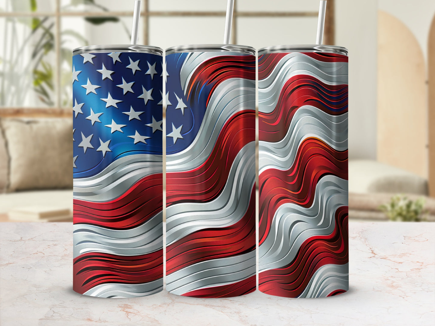 Three tumblers featuring wavy American flag design with straws.
