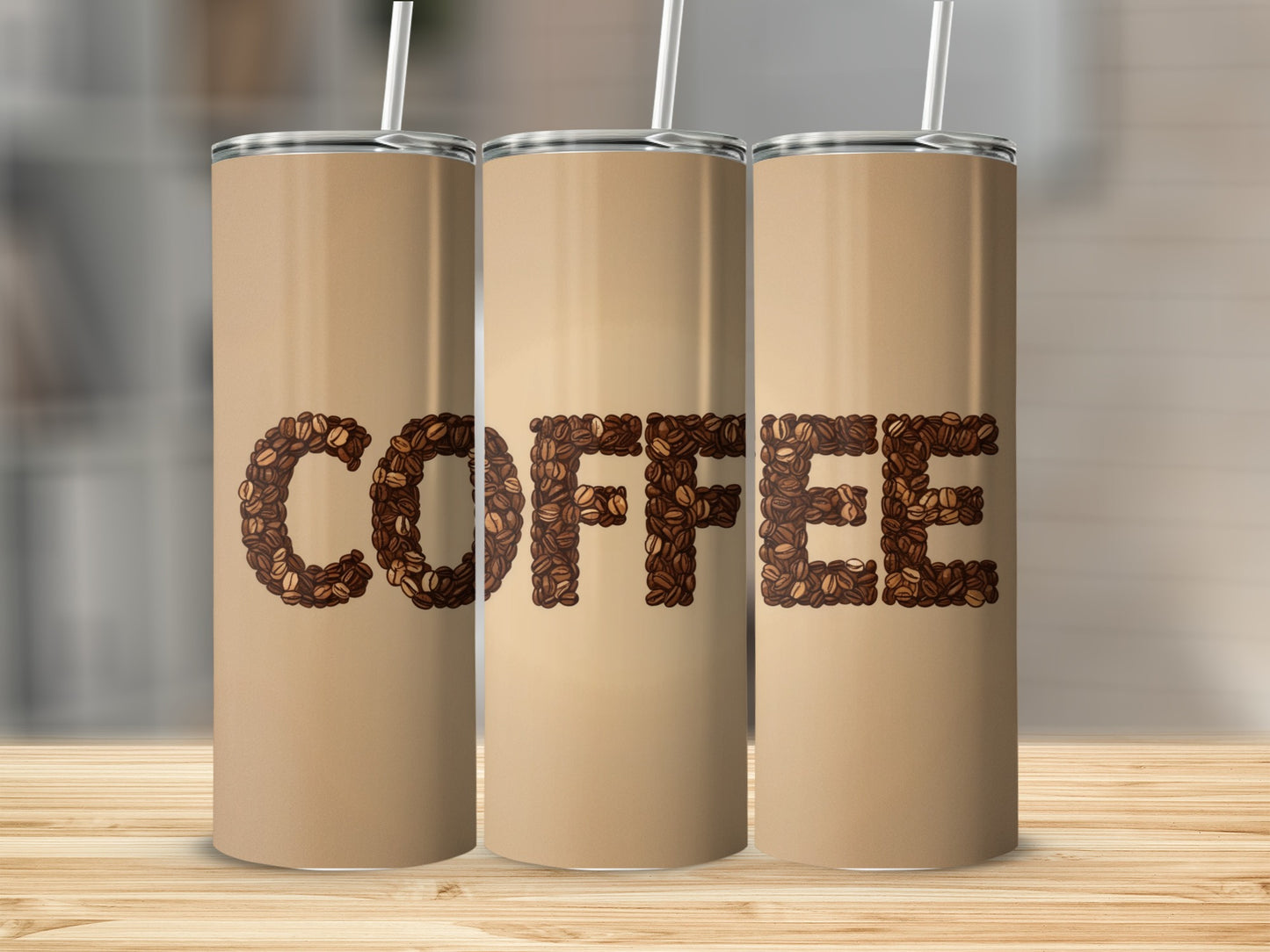Three tumblers with "COFFEE" spelled out in coffee beans.