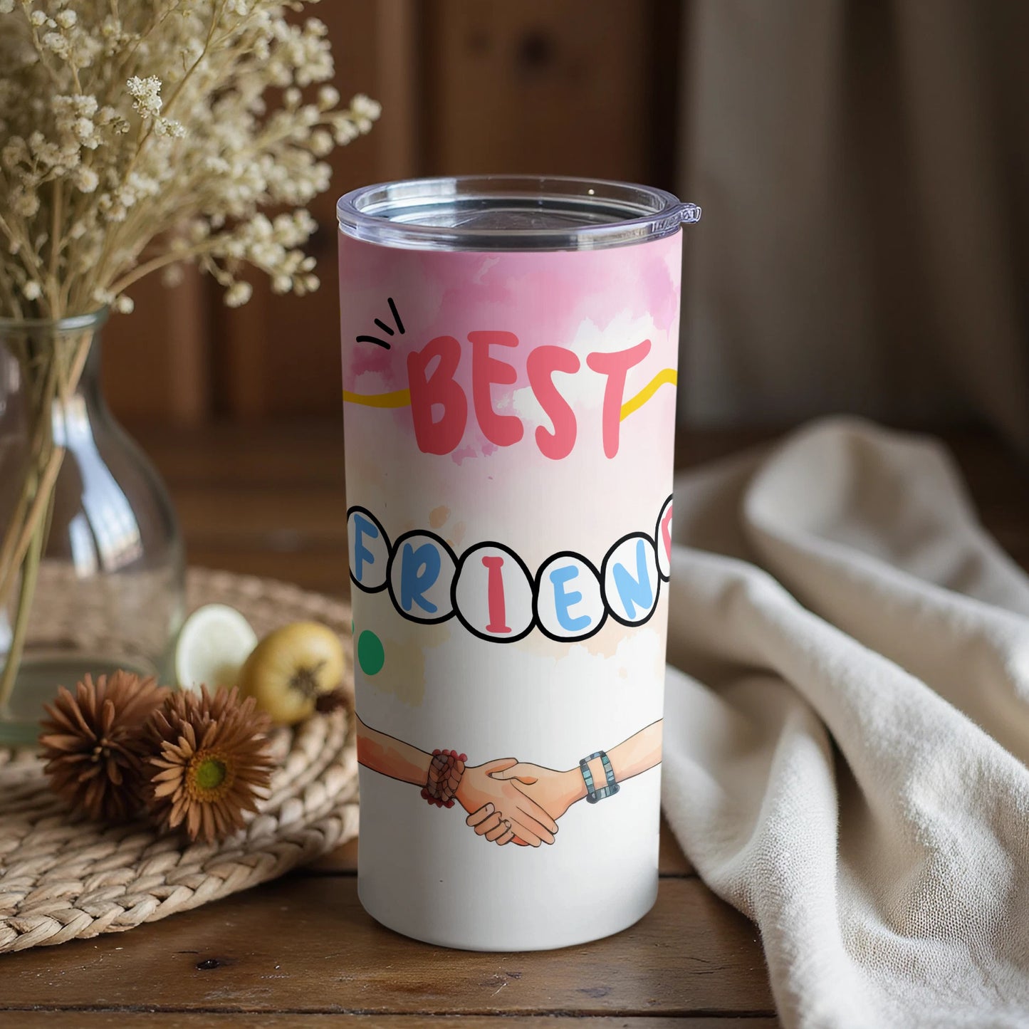 Best Friends Pink Tumbler with Handshake Design