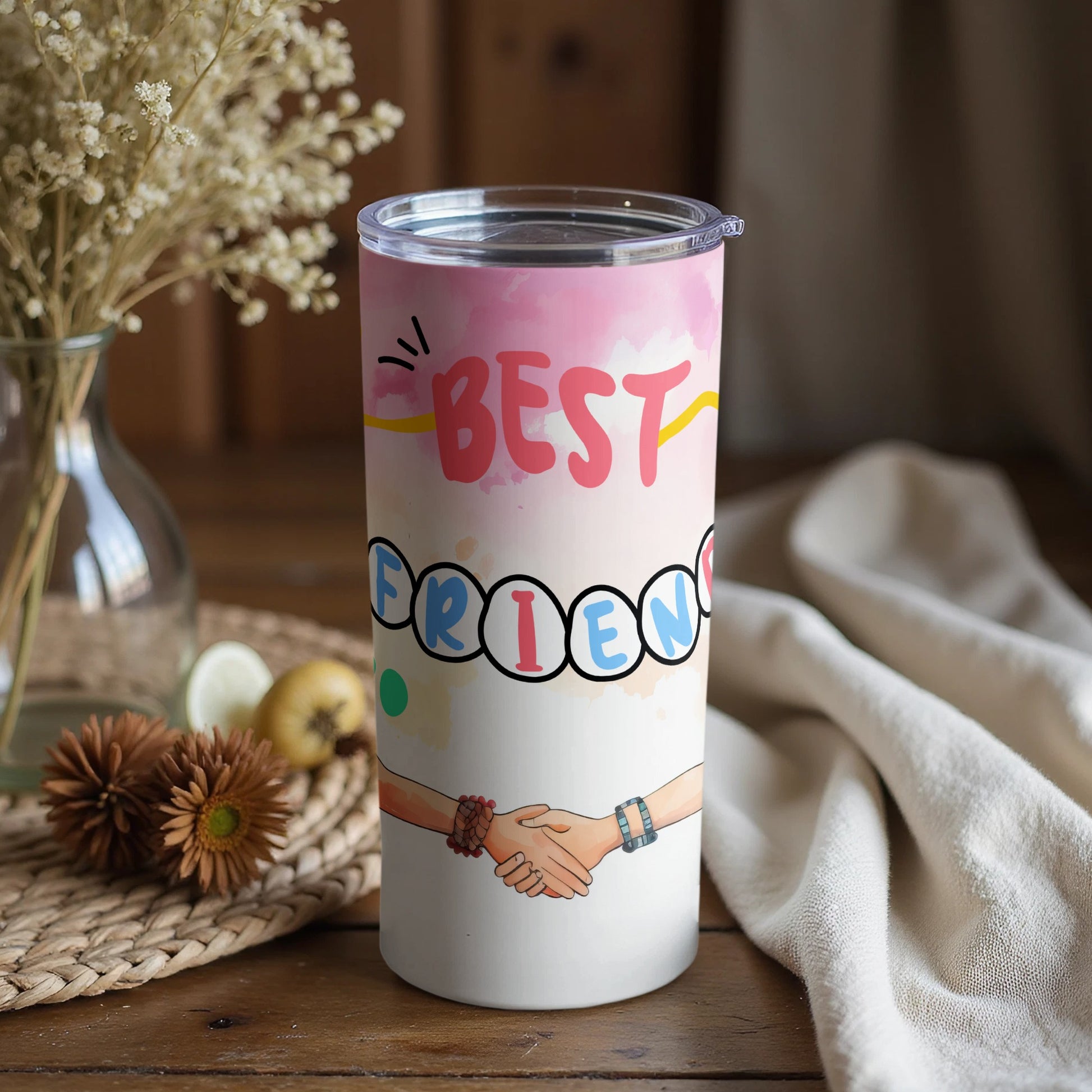 Best Friends Pink Tumbler with Handshake Design