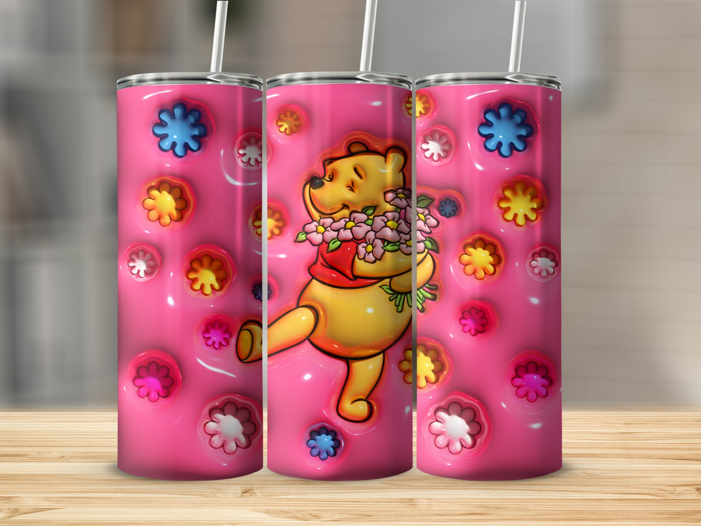 Cute Pink Tumbler with Adorable Bear and Flowers Design