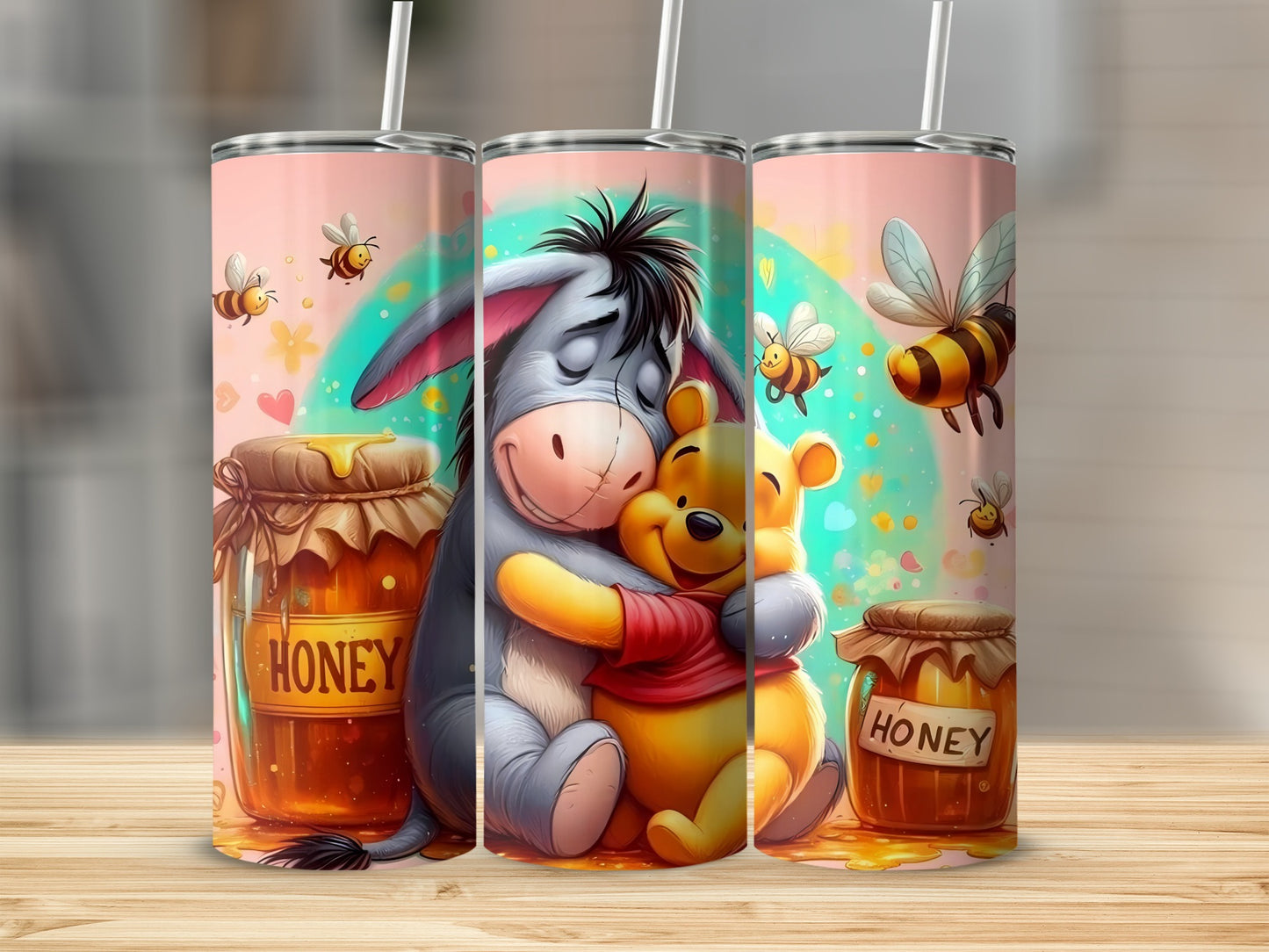 Winnie the Pooh Eeyore Hugging Honey in Jars Image Tumblers