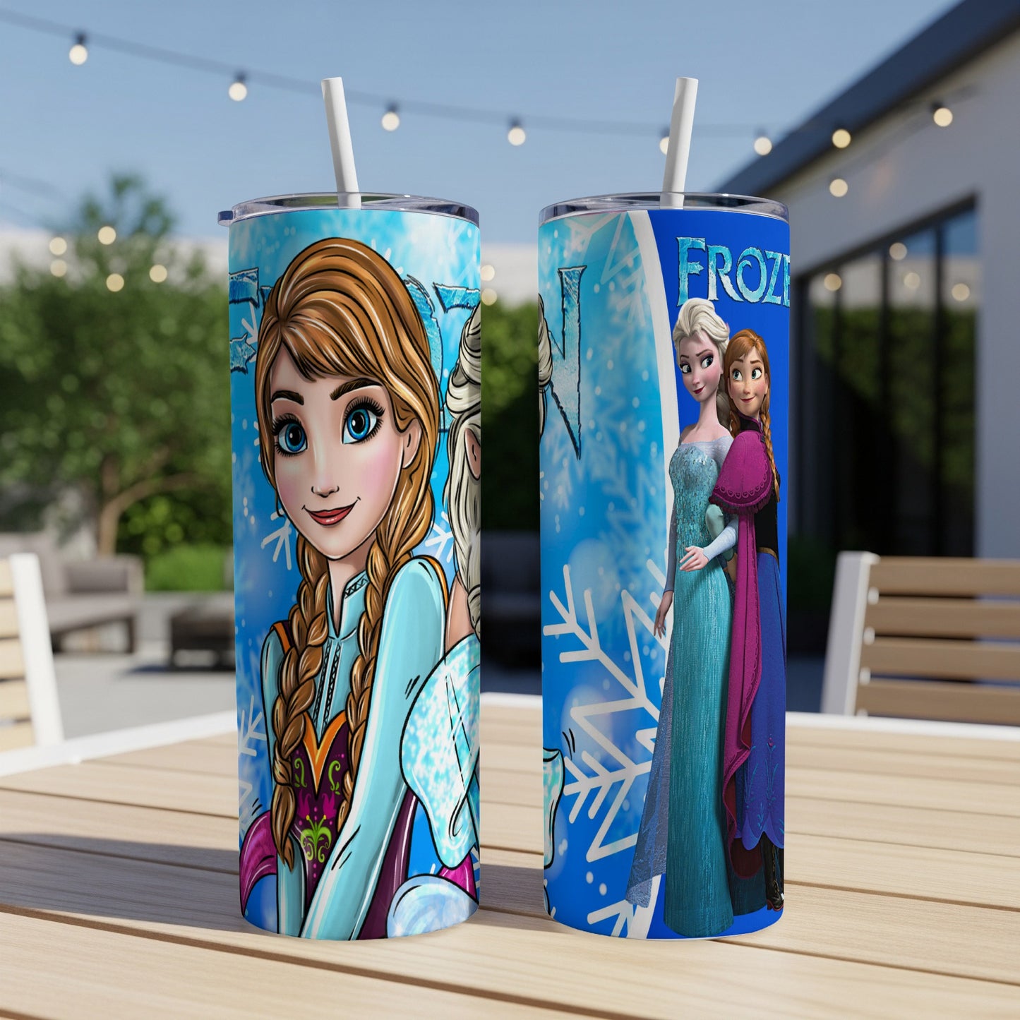 Two Frozen-themed tumblers featuring Anna, Elsa, and snowflakes.