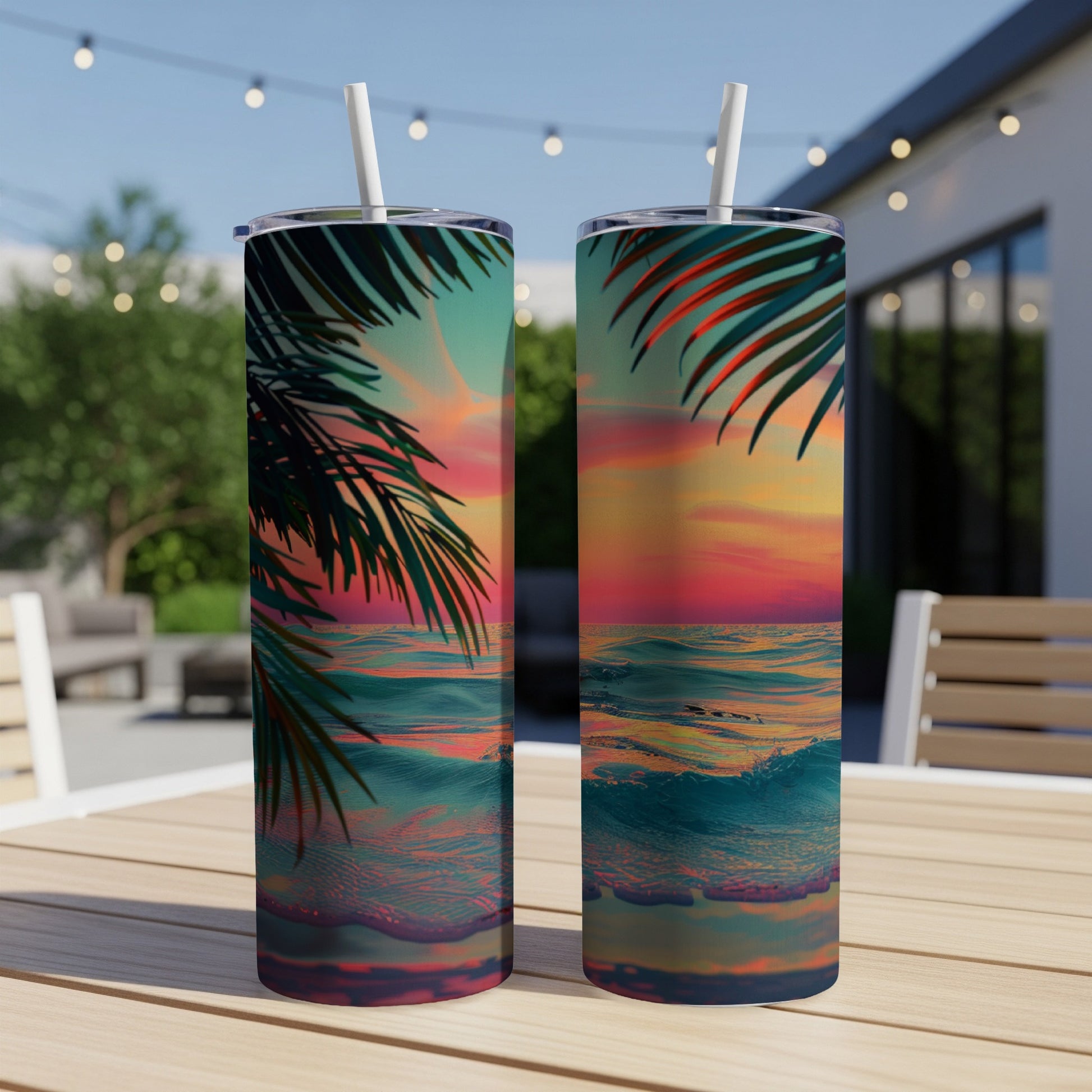 Two tumblers with a vibrant sunset ocean wave design sit on a wooden table.