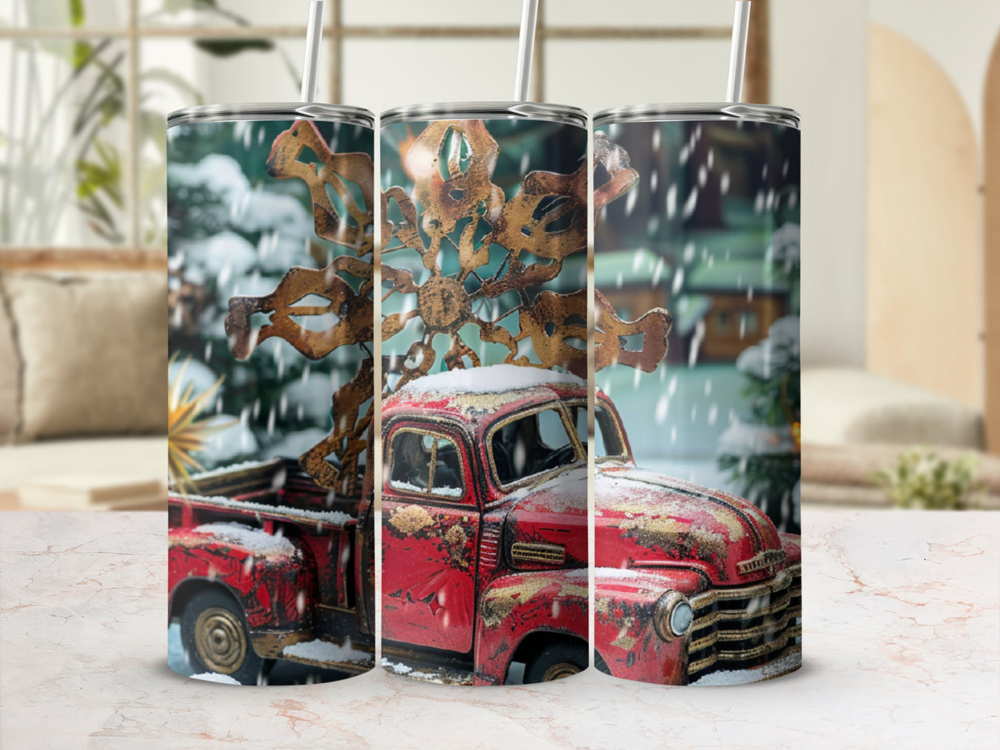 Red vintage truck with snow and snowflake design on a tumbler.