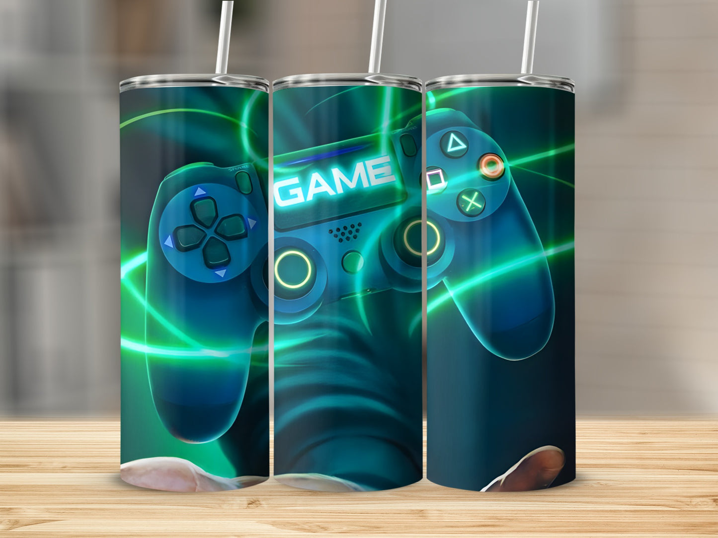 Blue game controller with "GAME" text and glowing green accents.