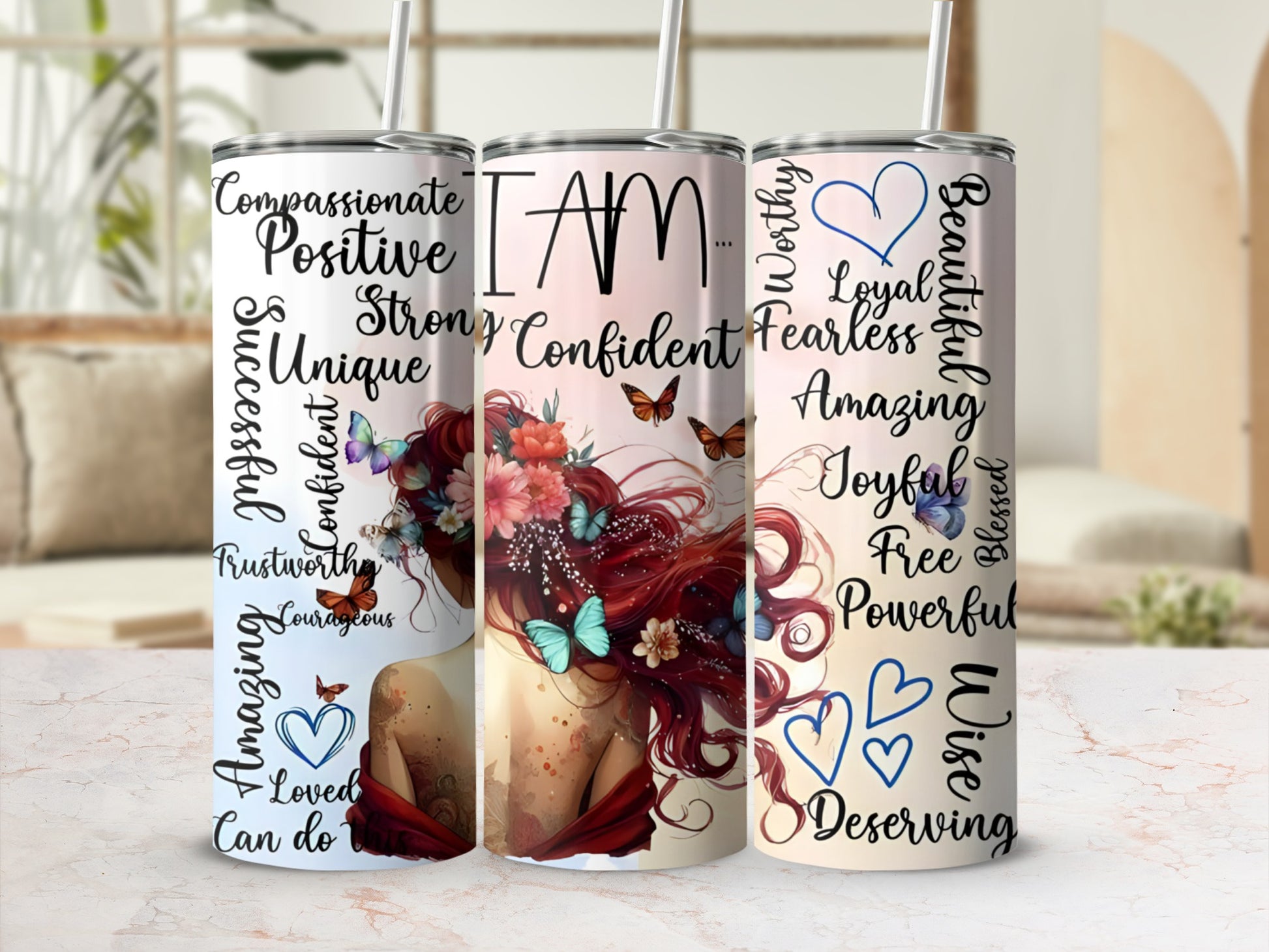 Tumbler with "I AM" surrounded by positive affirmations and butterflies.