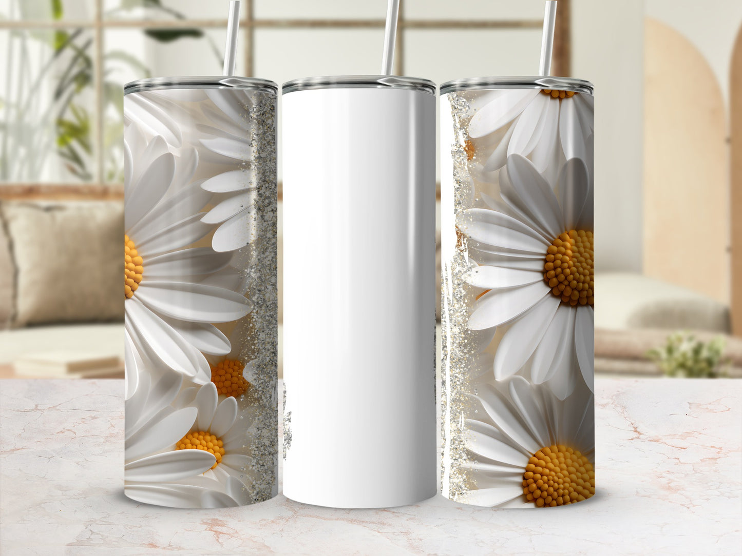 Three tumblers with white daisies and glitter accents, one blank.