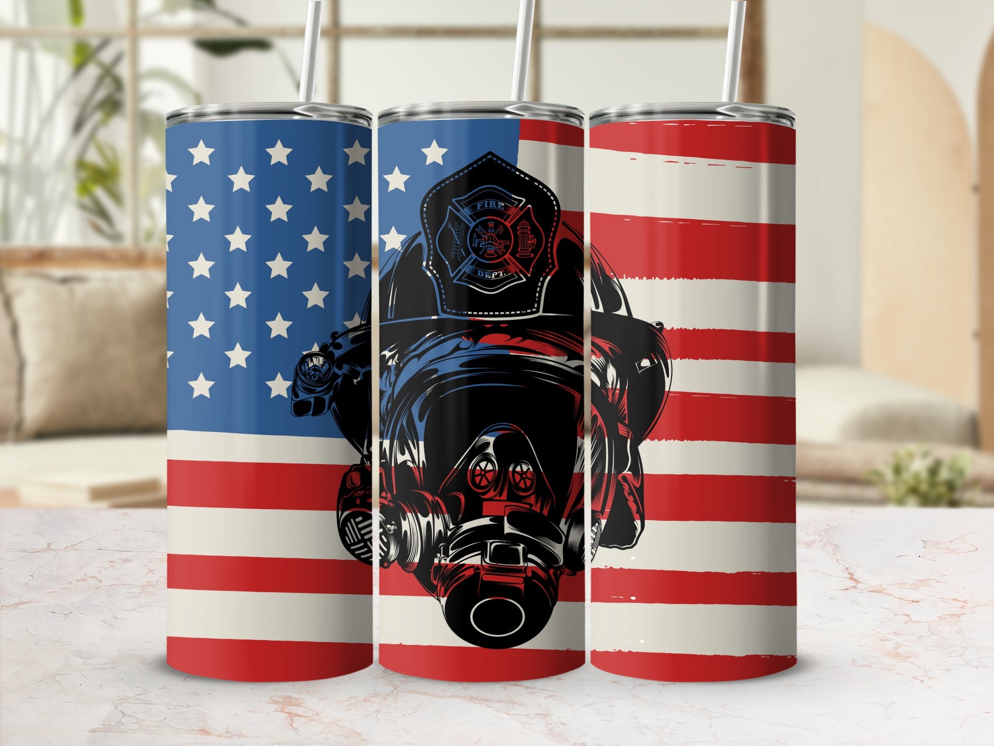 American Flag with Firefighter Mask Tumbler Cup