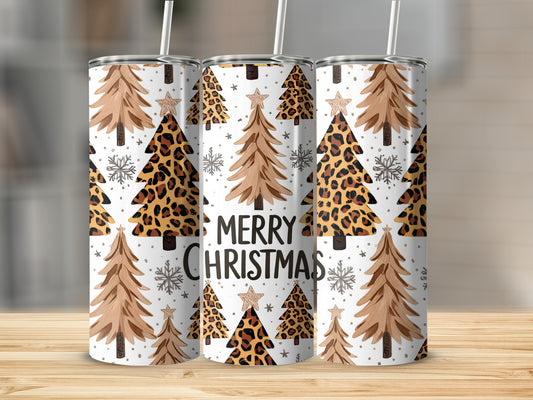Three tumblers with Christmas trees and leopard print patterns.