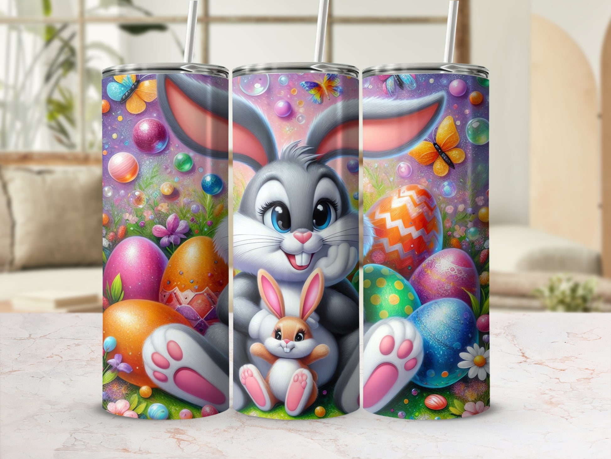Cute Easter Bunny Colorful Eggs Butterflies Flowers product type
