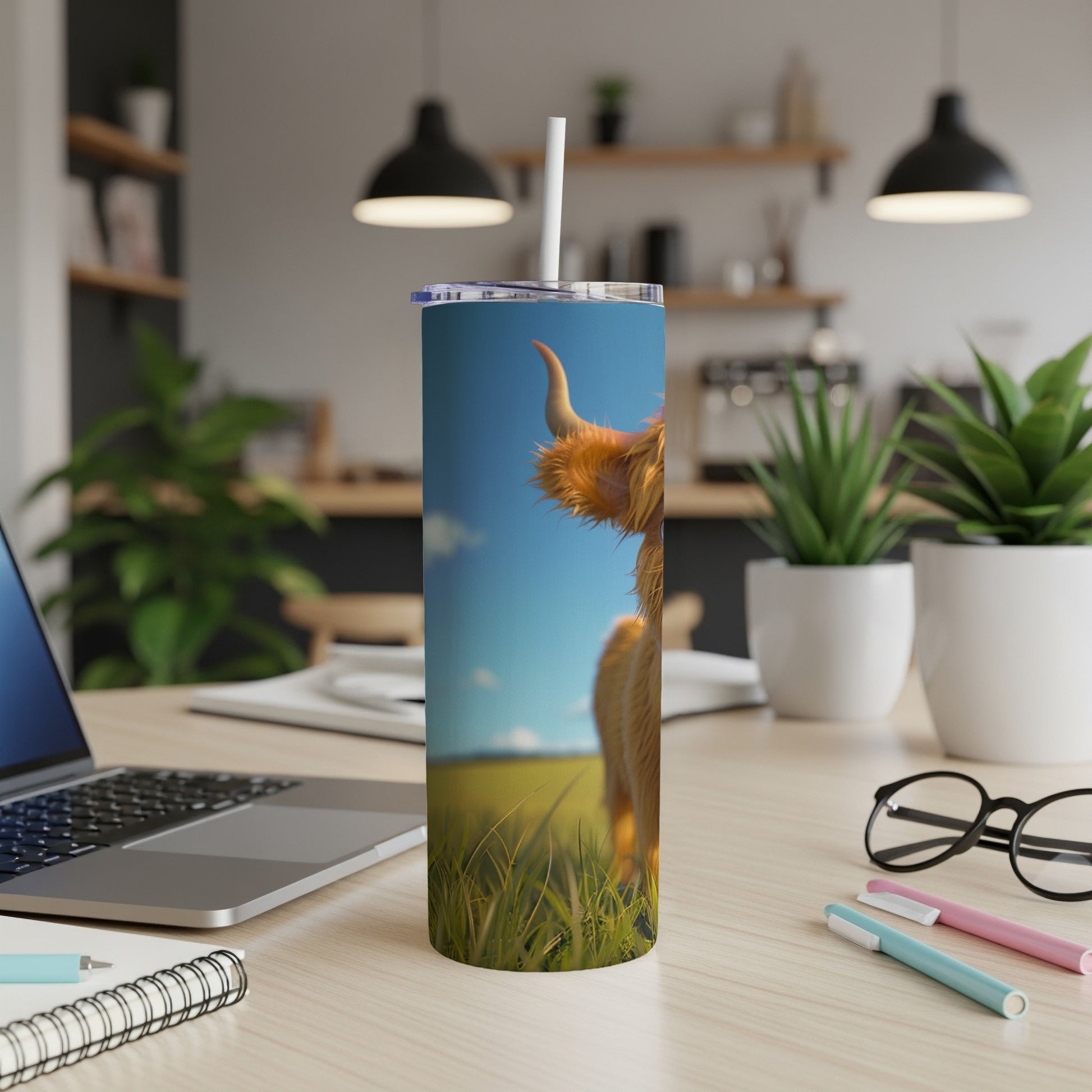 Highland cow on a tumbler with a laptop and office supplies.